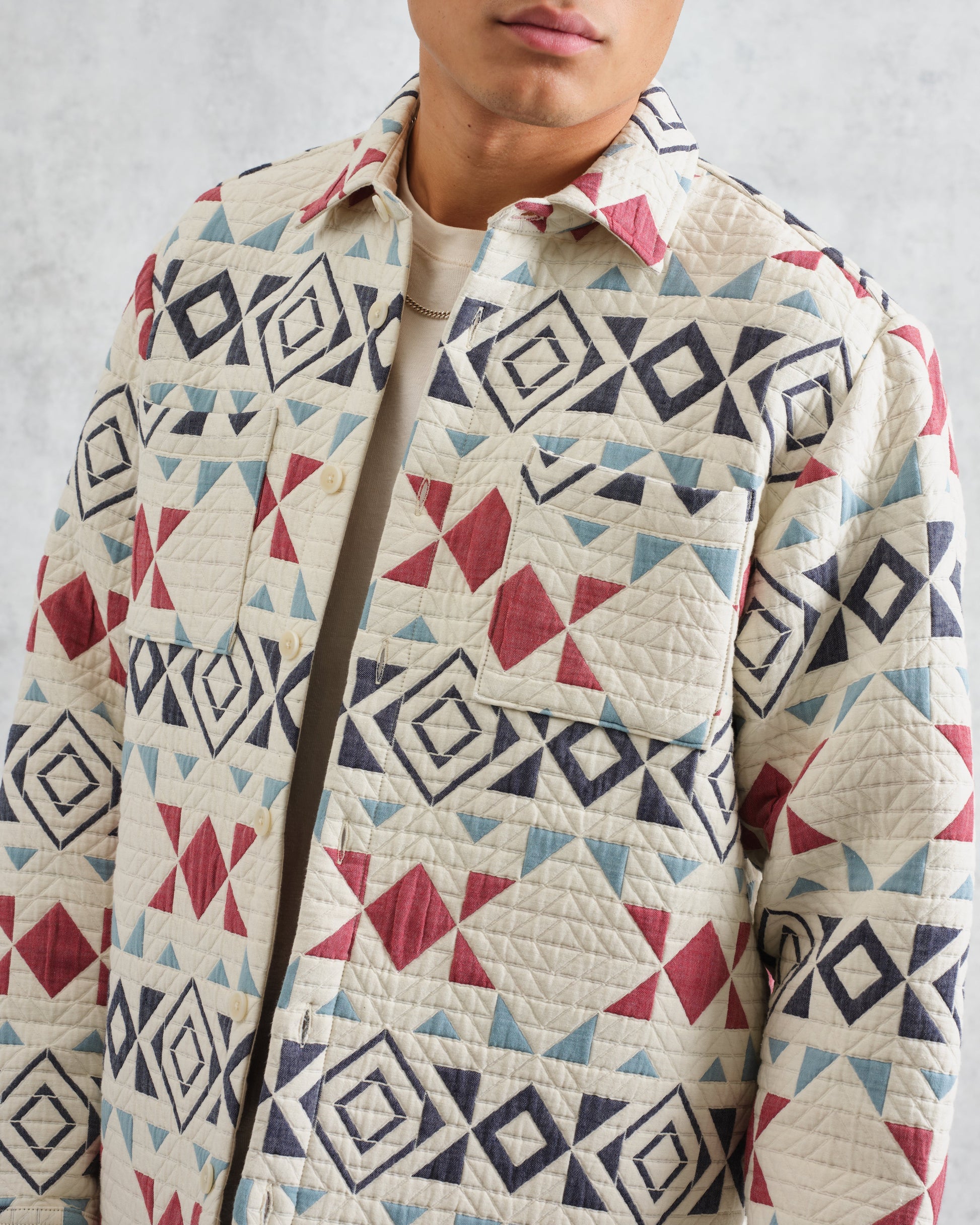 wax london men's Otto - Ecru And Red Quilted Overshirt