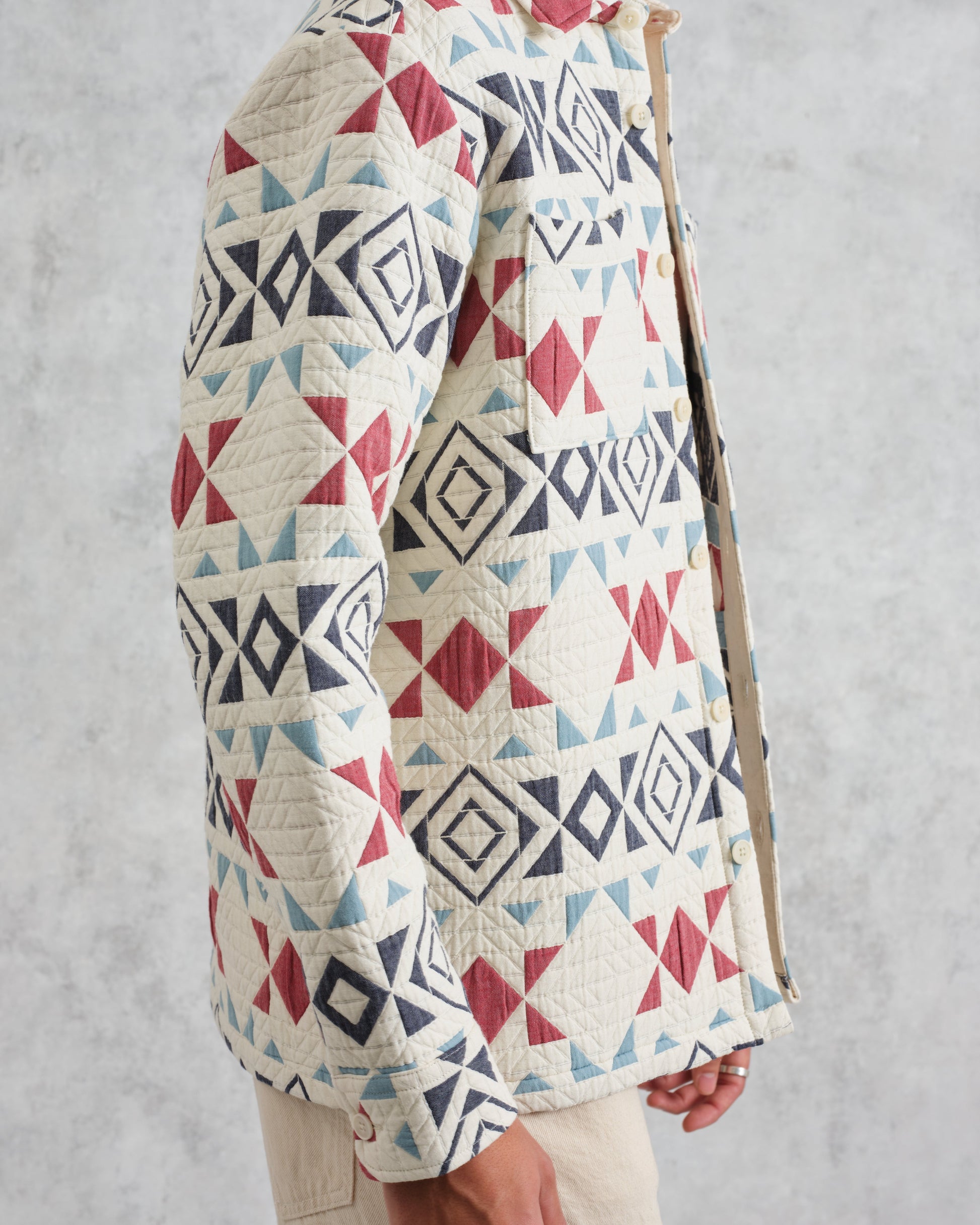 wax london men's Otto - Ecru And Red Quilted Overshirt