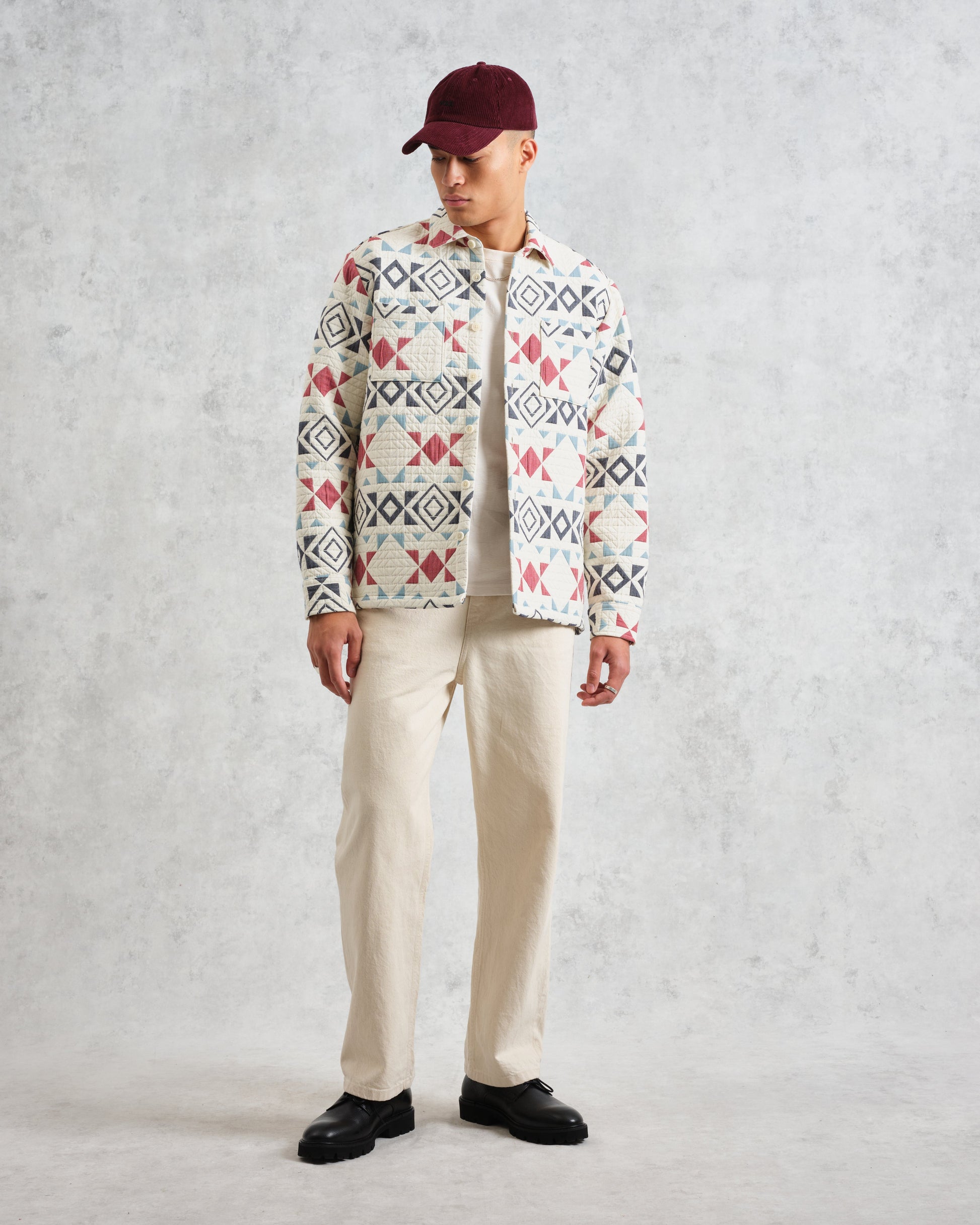 wax london men's Otto - Ecru And Red Quilted Overshirt