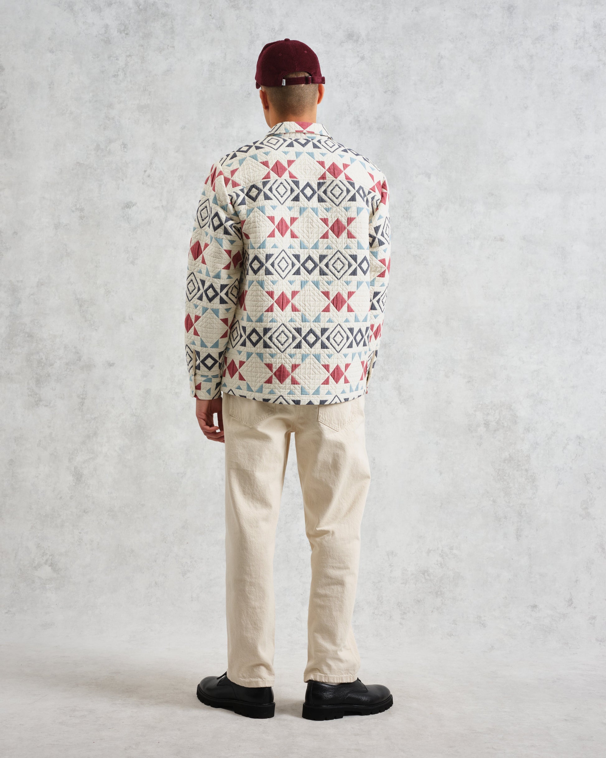 wax london men's Otto - Ecru And Red Quilted Overshirt