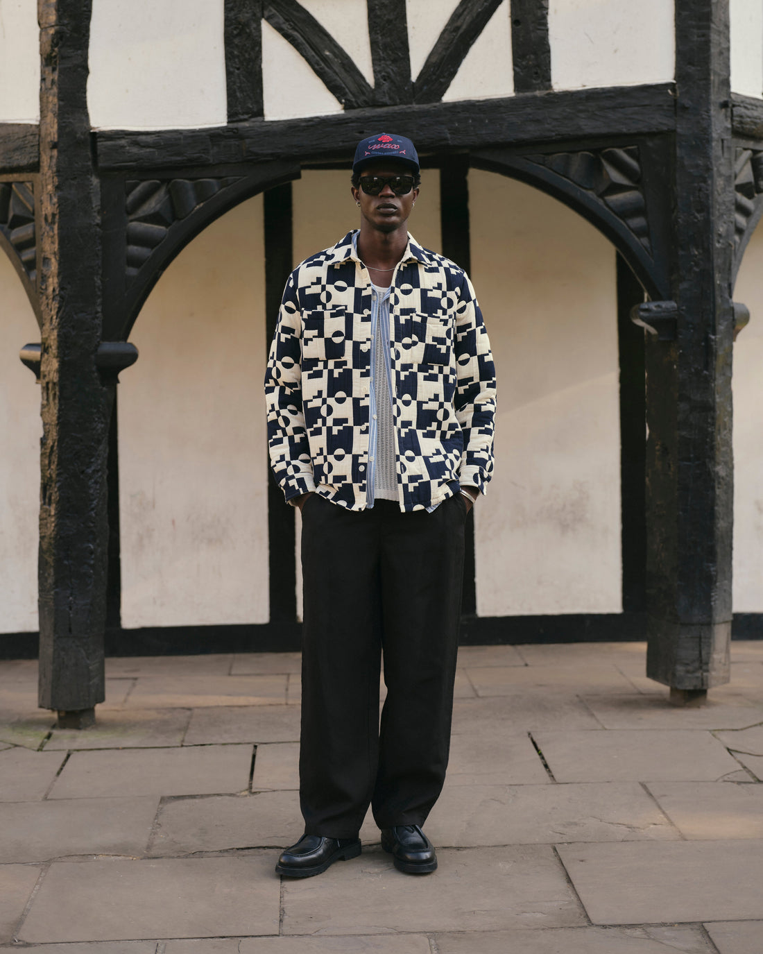 wax london men's Otto - Navy And Ecru Jigsaw Jacquard Overshirt