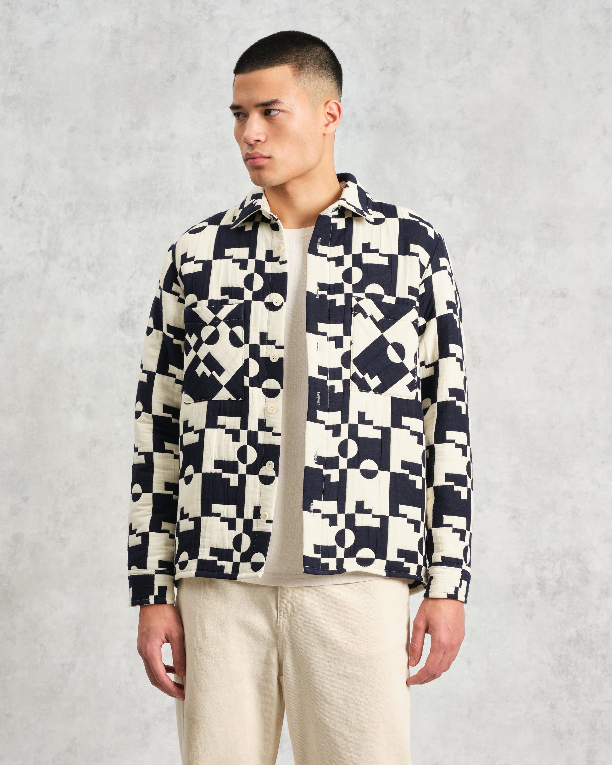 wax london men's Otto - Navy And Ecru Jigsaw Jacquard Overshirt
