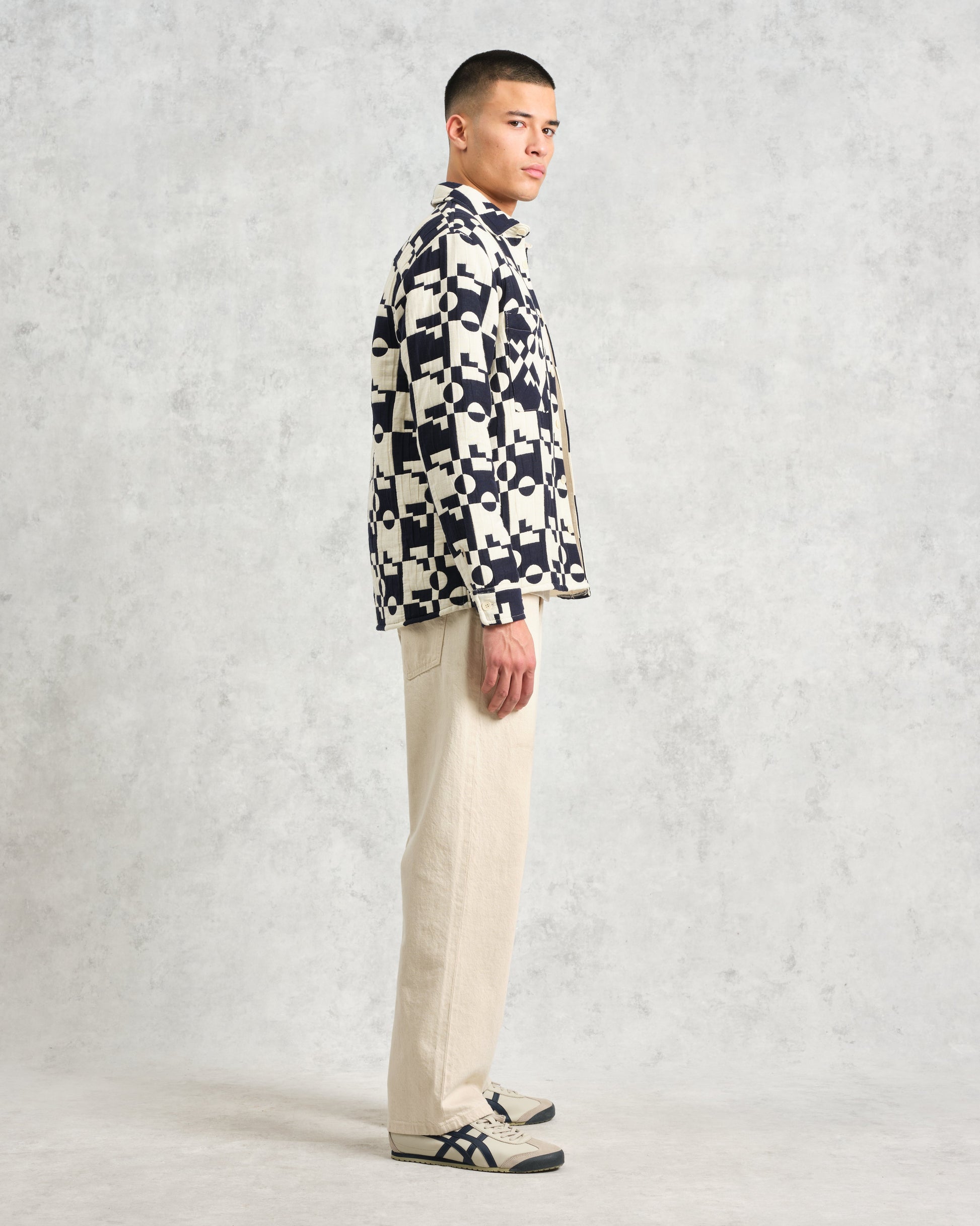 wax london men's Otto - Navy And Ecru Jigsaw Jacquard Overshirt
