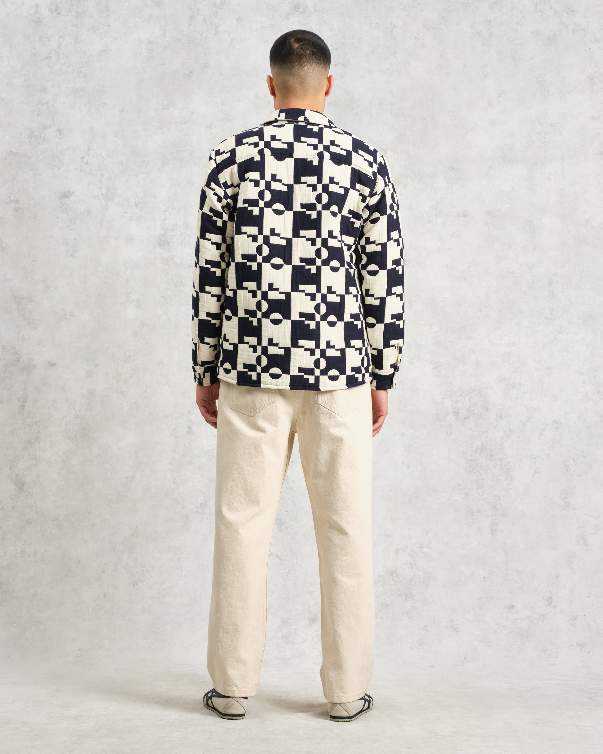 wax london men's Otto - Navy And Ecru Jigsaw Jacquard Overshirt