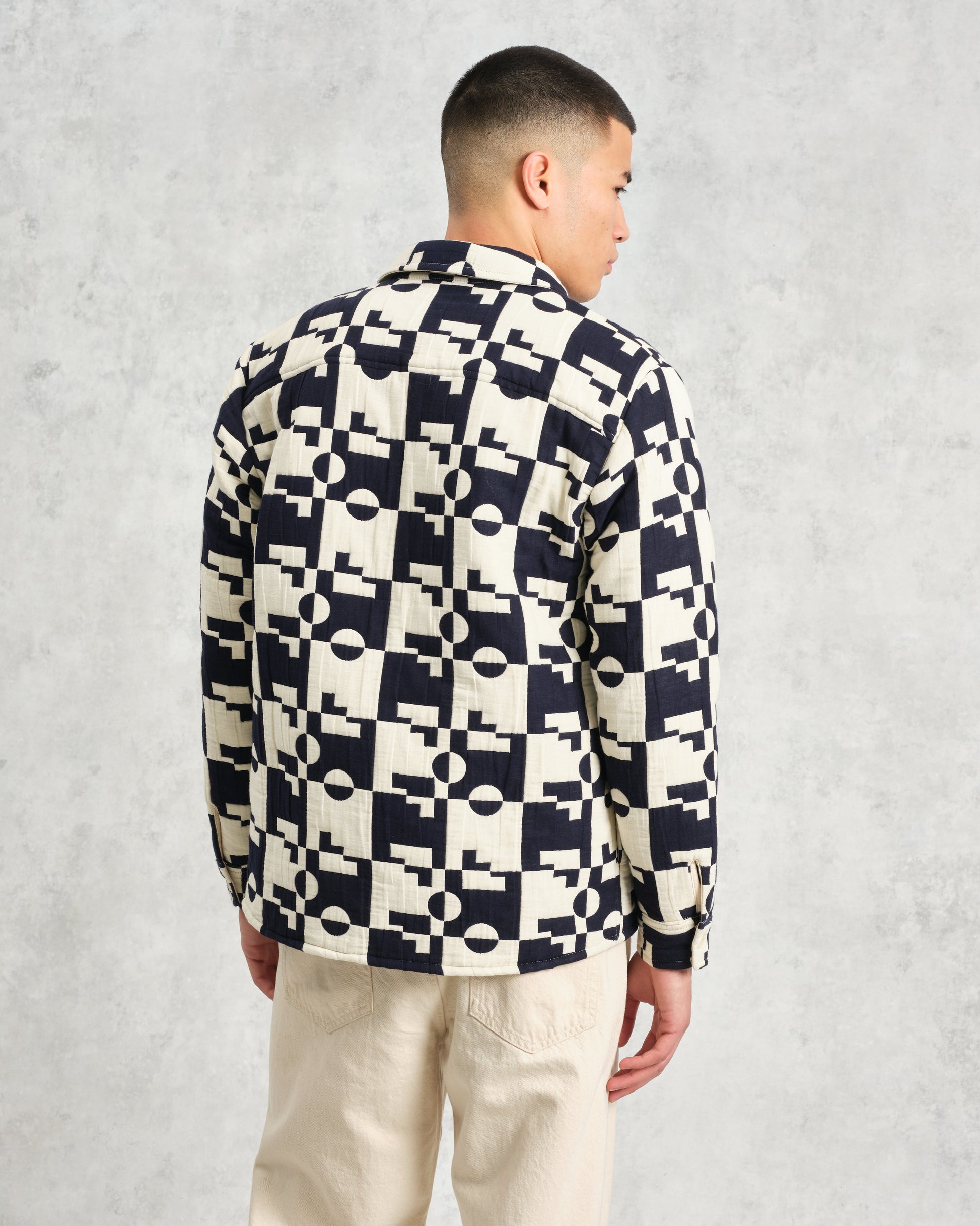 wax london men's Otto - Navy And Ecru Jigsaw Jacquard Overshirt