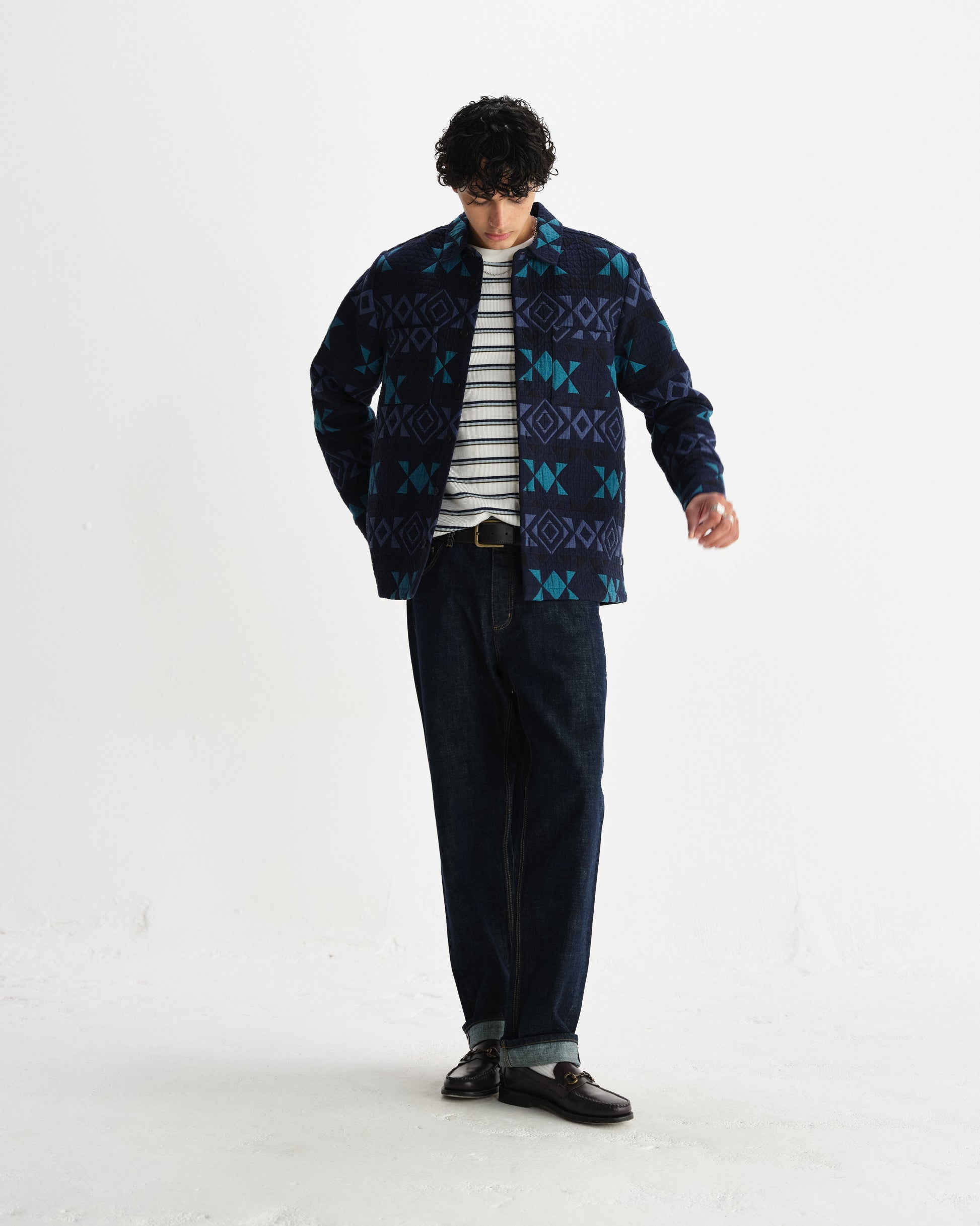 wax london men's Otto - Navy And Teal Blanket Quilted Overshirt