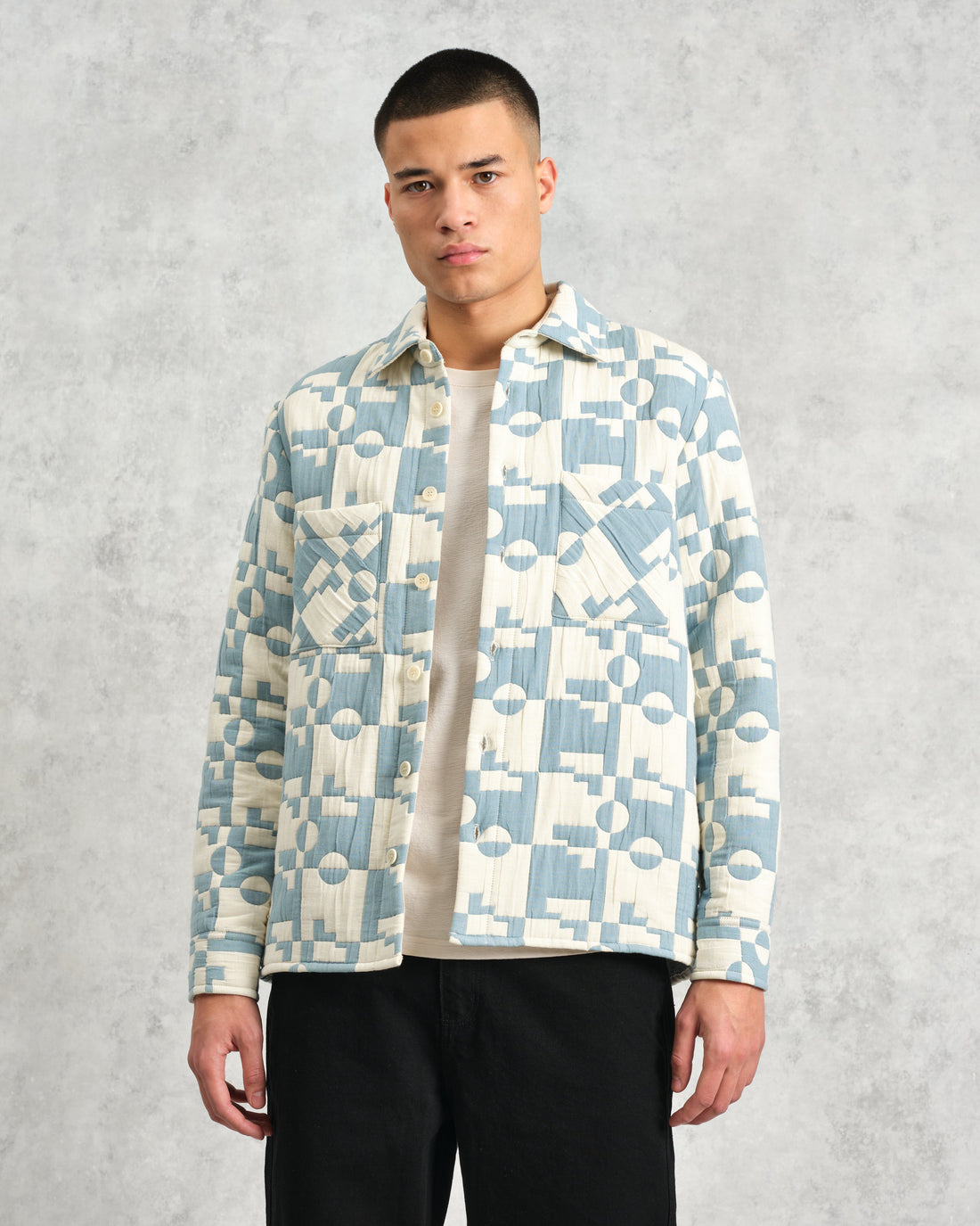 wax london men's Otto - Pale Blue And Ecru Jigsaw Jacquard Overshirt