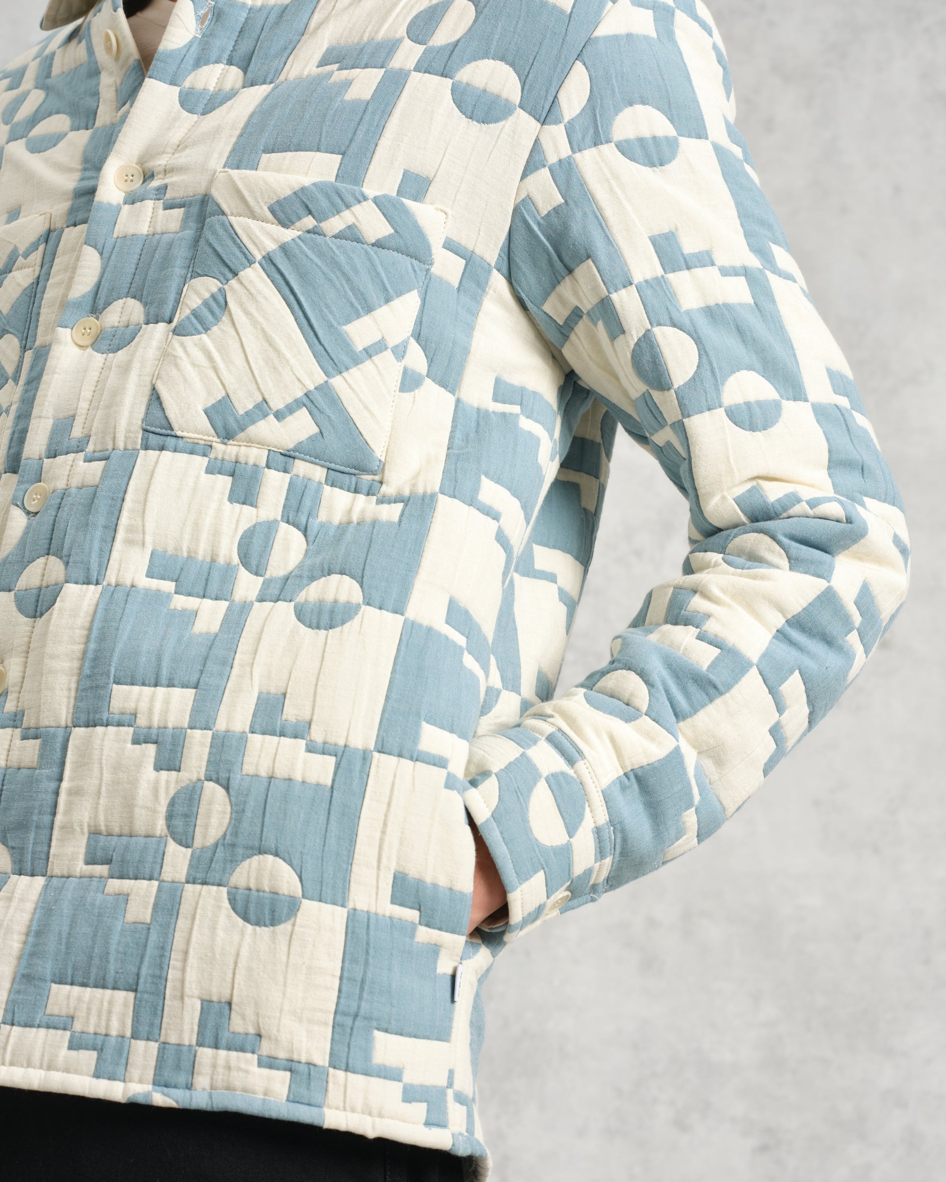 wax london men's Otto - Pale Blue And Ecru Jigsaw Jacquard Overshirt