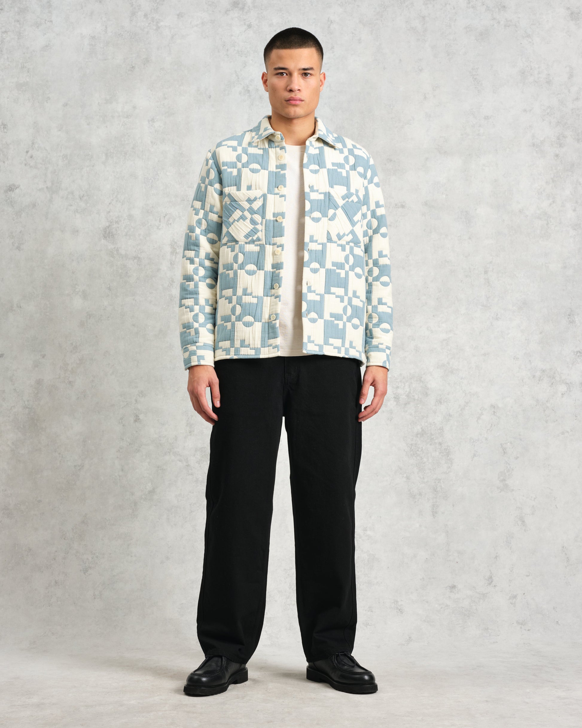 wax london men's Otto - Pale Blue And Ecru Jigsaw Jacquard Overshirt