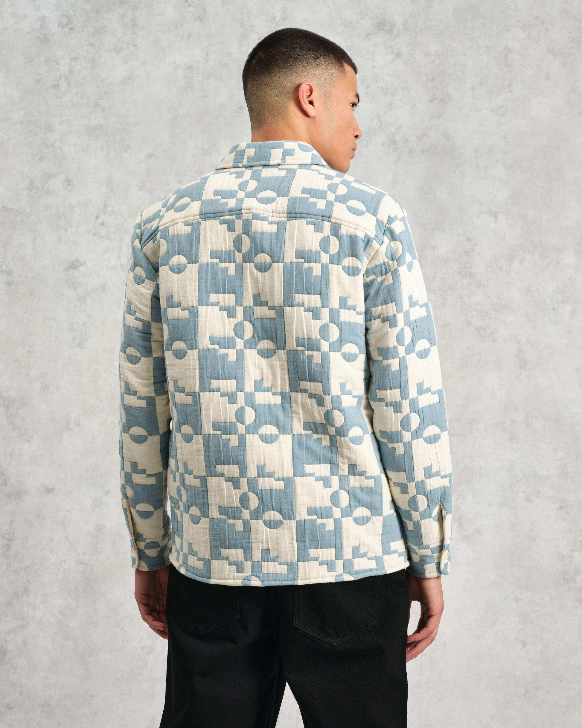 wax london men's Otto - Pale Blue And Ecru Jigsaw Jacquard Overshirt