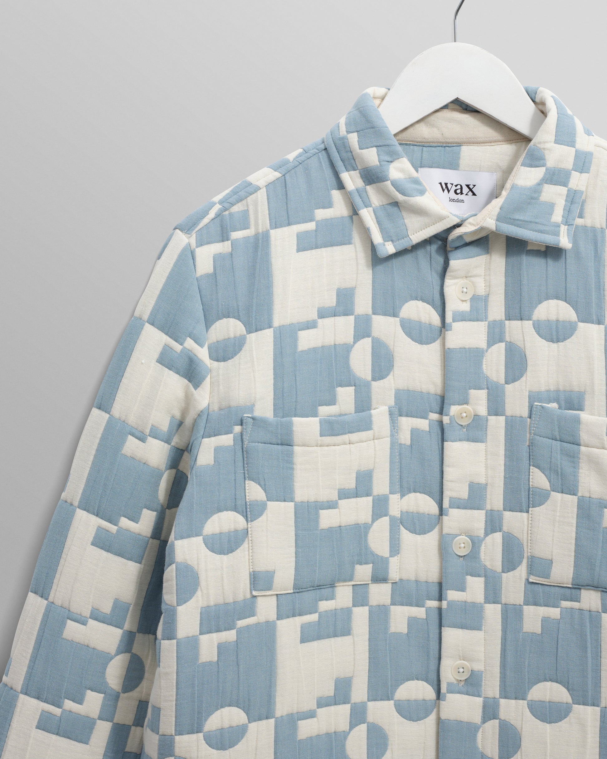 wax london men's Otto - Pale Blue And Ecru Jigsaw Jacquard Overshirt