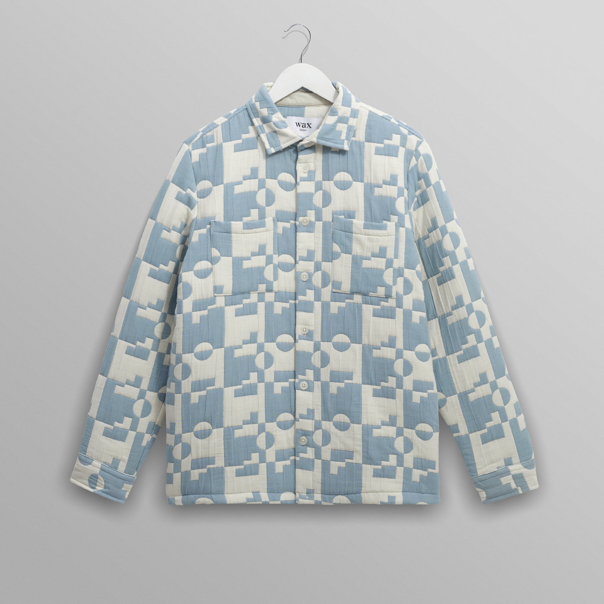 wax london men's Otto - Pale Blue And Ecru Jigsaw Jacquard Overshirt