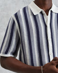 wax london men's Porto - Blue And Ecru Stripe Crochet Knitted Polo Shirt