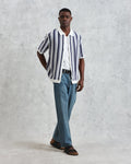 wax london men's Porto - Blue And Ecru Stripe Crochet Knitted Polo Shirt
