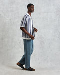 wax london men's Porto - Blue And Ecru Stripe Crochet Knitted Polo Shirt