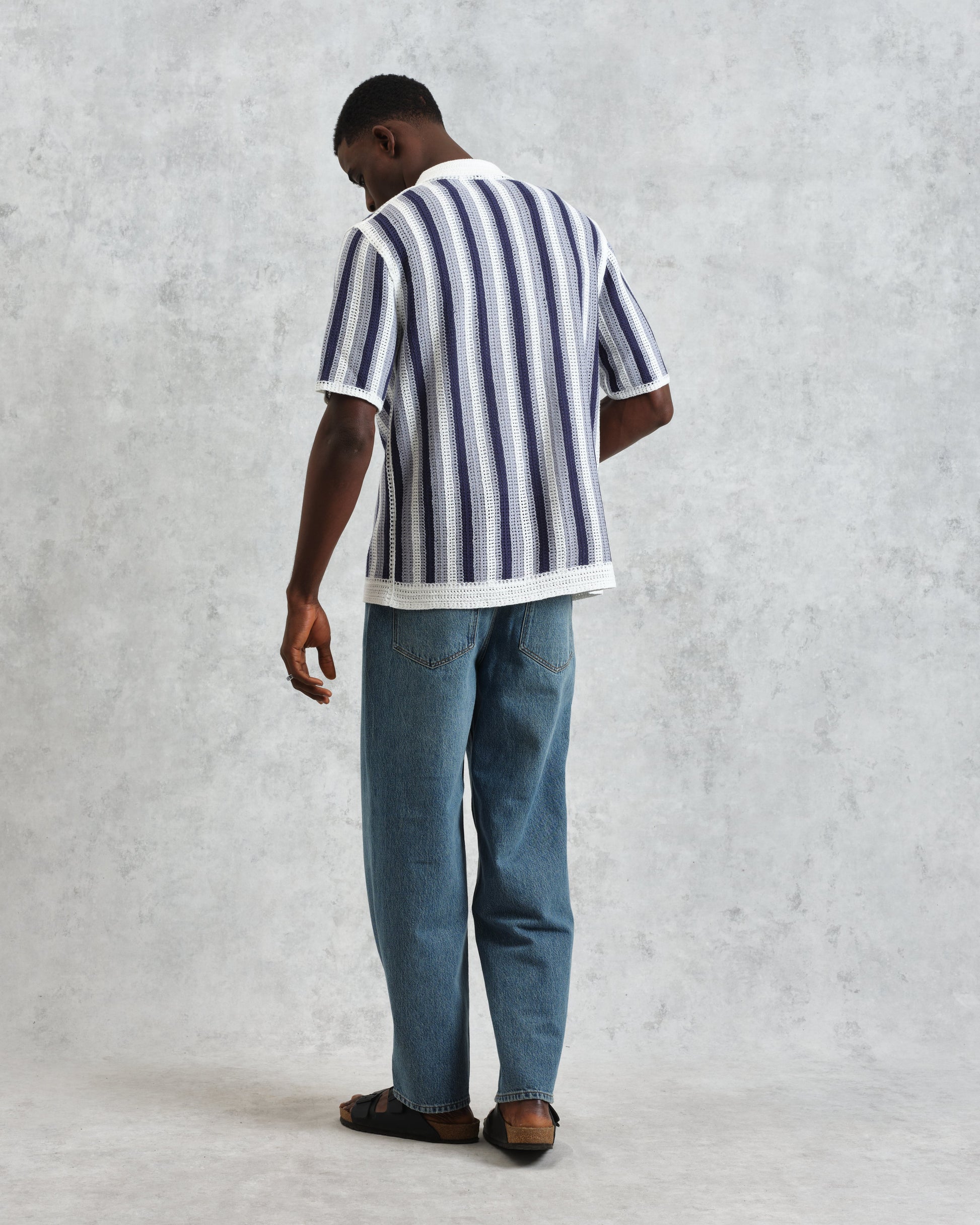 wax london men's Porto - Blue And Ecru Stripe Crochet Knitted Polo Shirt