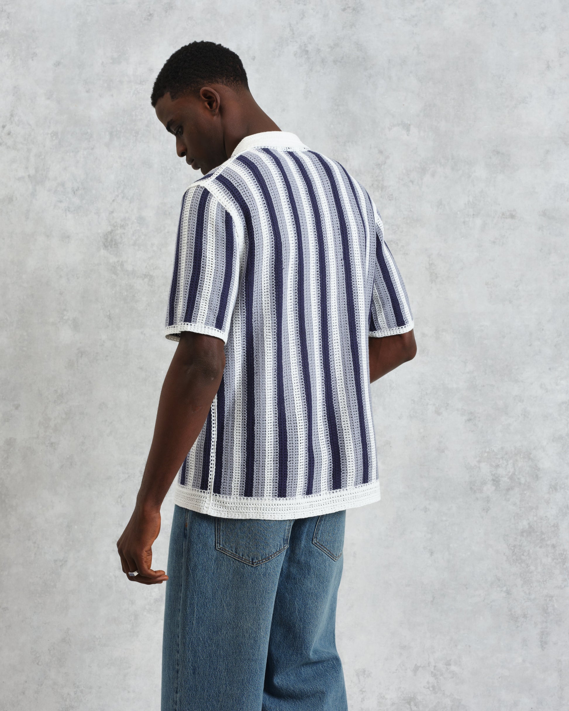 wax london men's Porto - Blue And Ecru Stripe Crochet Knitted Polo Shirt