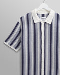 wax london men's Porto - Blue And Ecru Stripe Crochet Knitted Polo Shirt