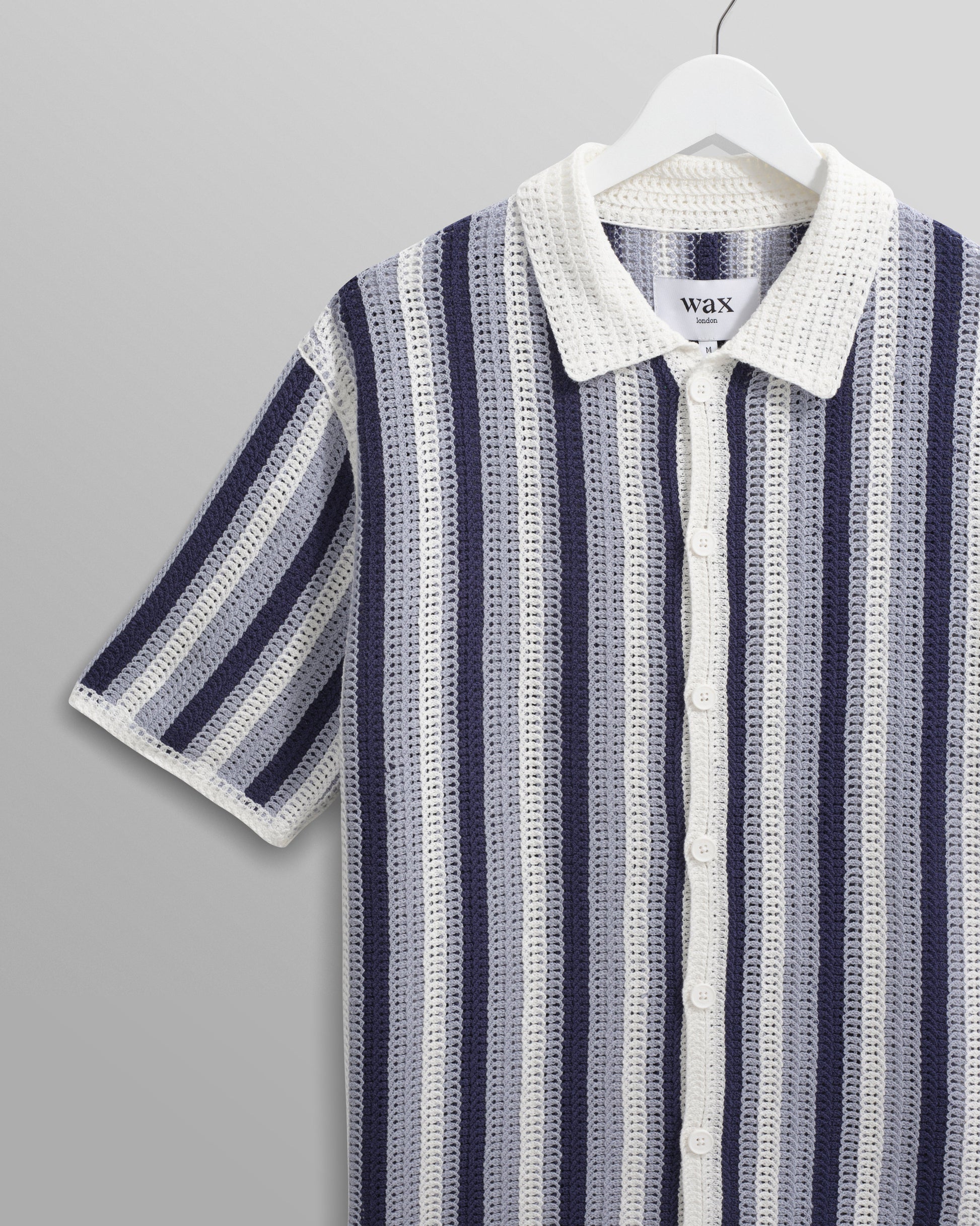 wax london men's Porto - Blue And Ecru Stripe Crochet Knitted Polo Shirt