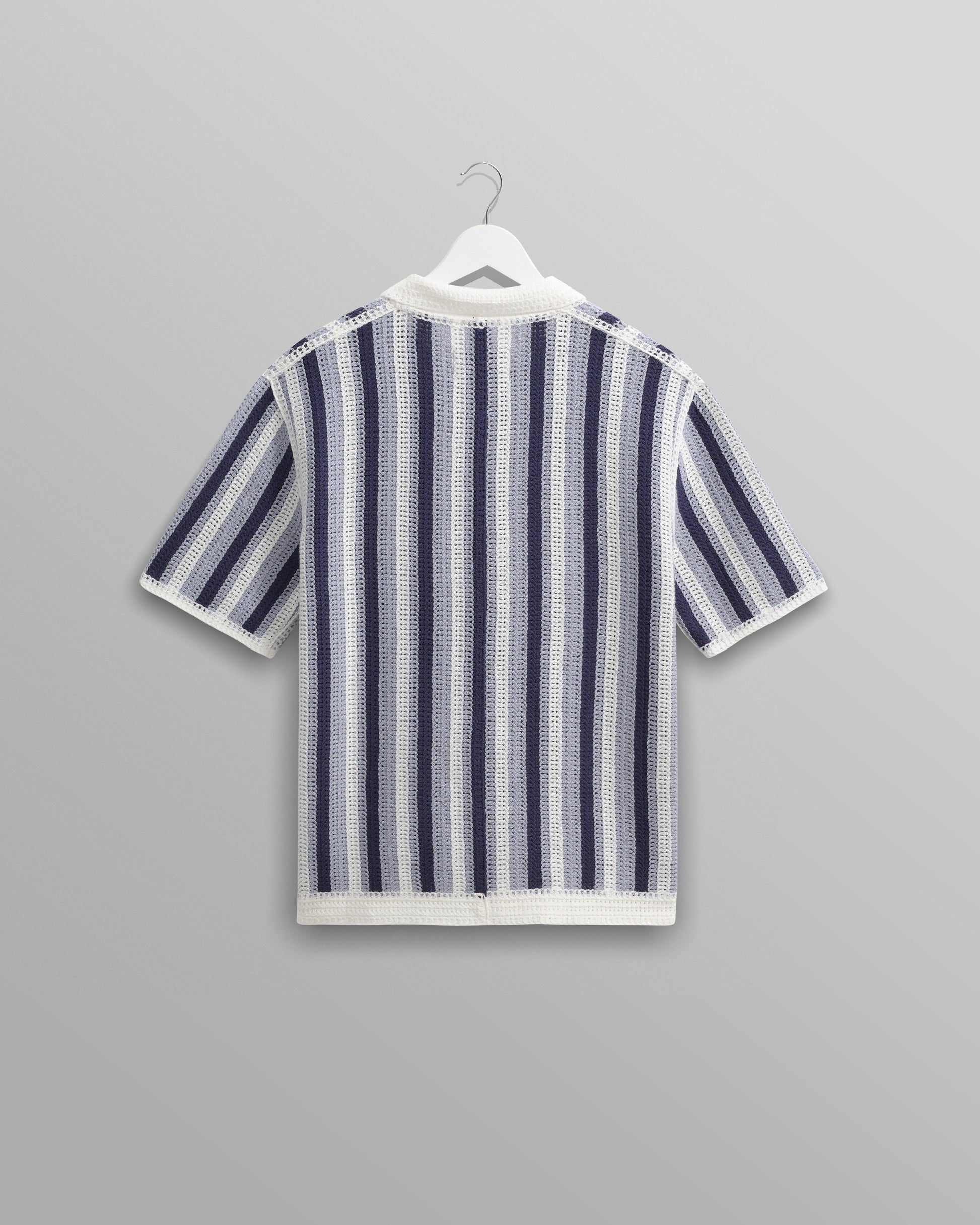 wax london men's Porto - Blue And Ecru Stripe Crochet Knitted Polo Shirt