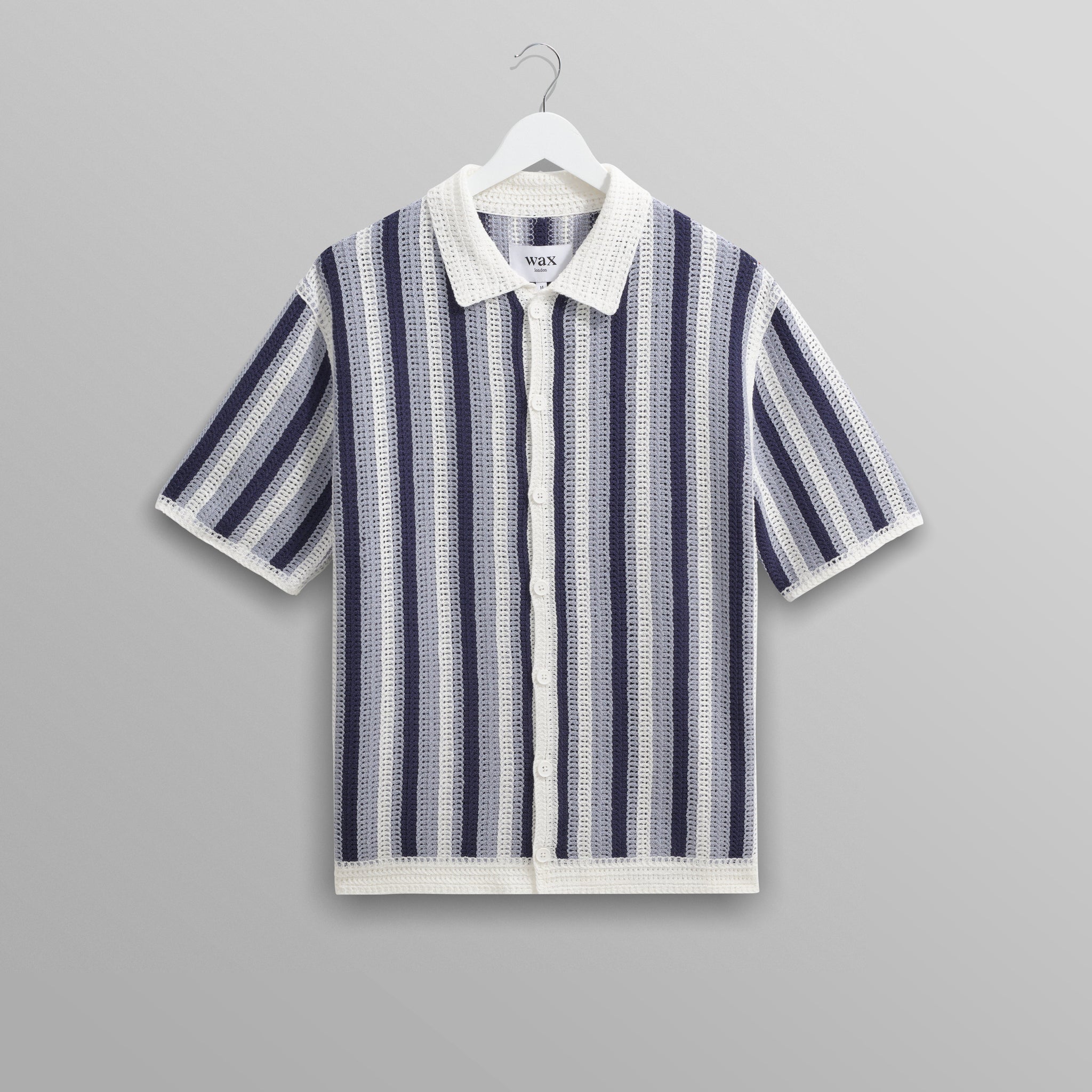 wax london men's Porto - Blue And Ecru Stripe Crochet Knitted Polo Shirt