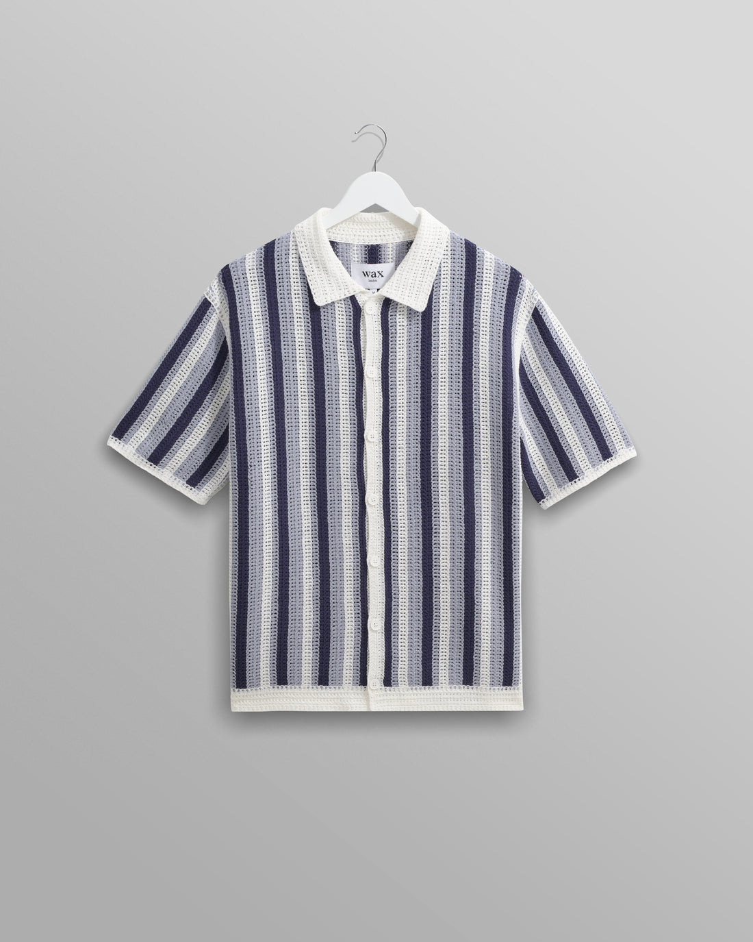 wax london men's Porto - Blue And Ecru Stripe Crochet Knitted Polo Shirt