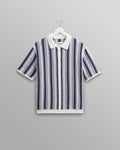 wax london men's Porto - Blue And Ecru Stripe Crochet Knitted Polo Shirt