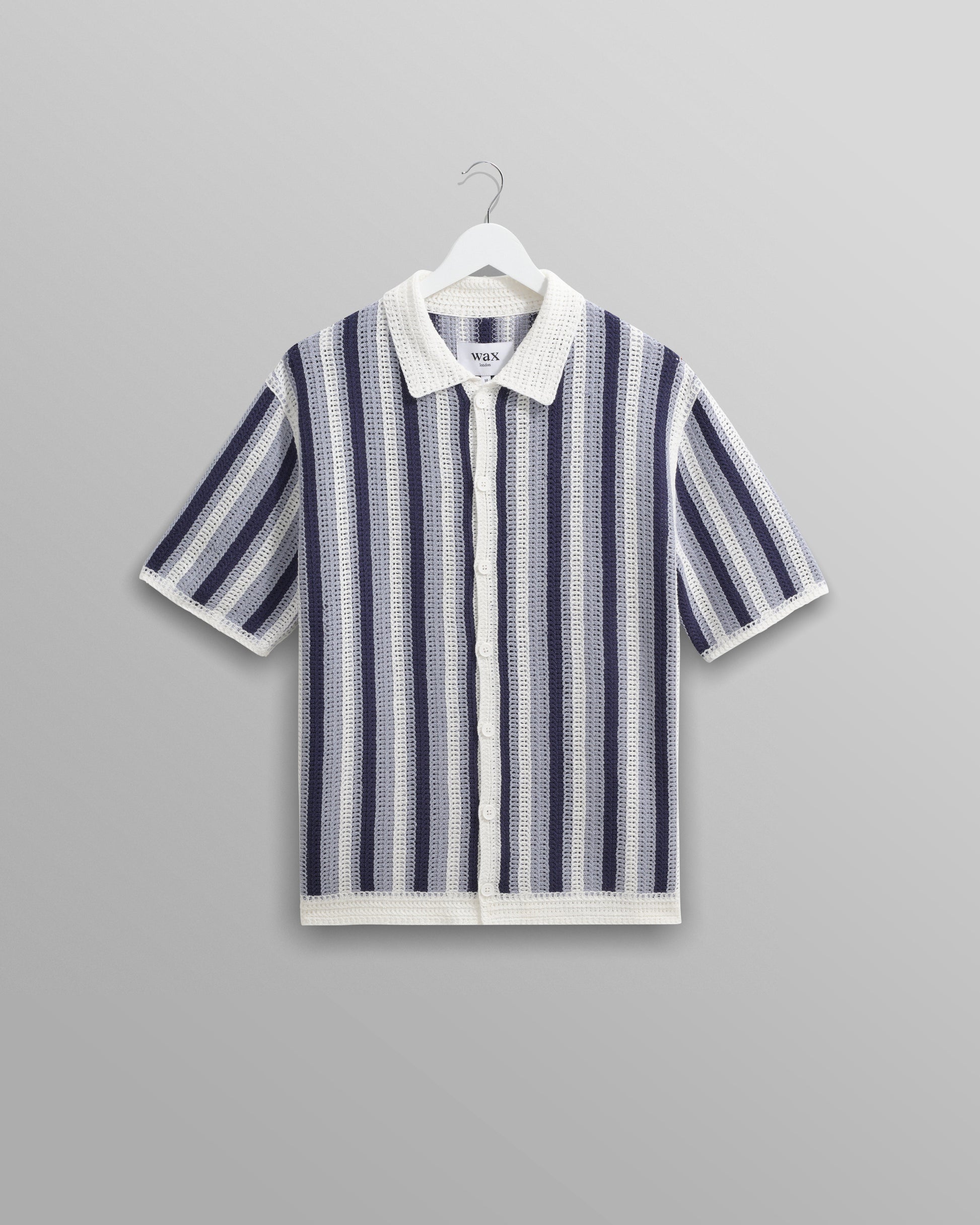 wax london men's Porto - Blue And Ecru Stripe Crochet Knitted Polo Shirt