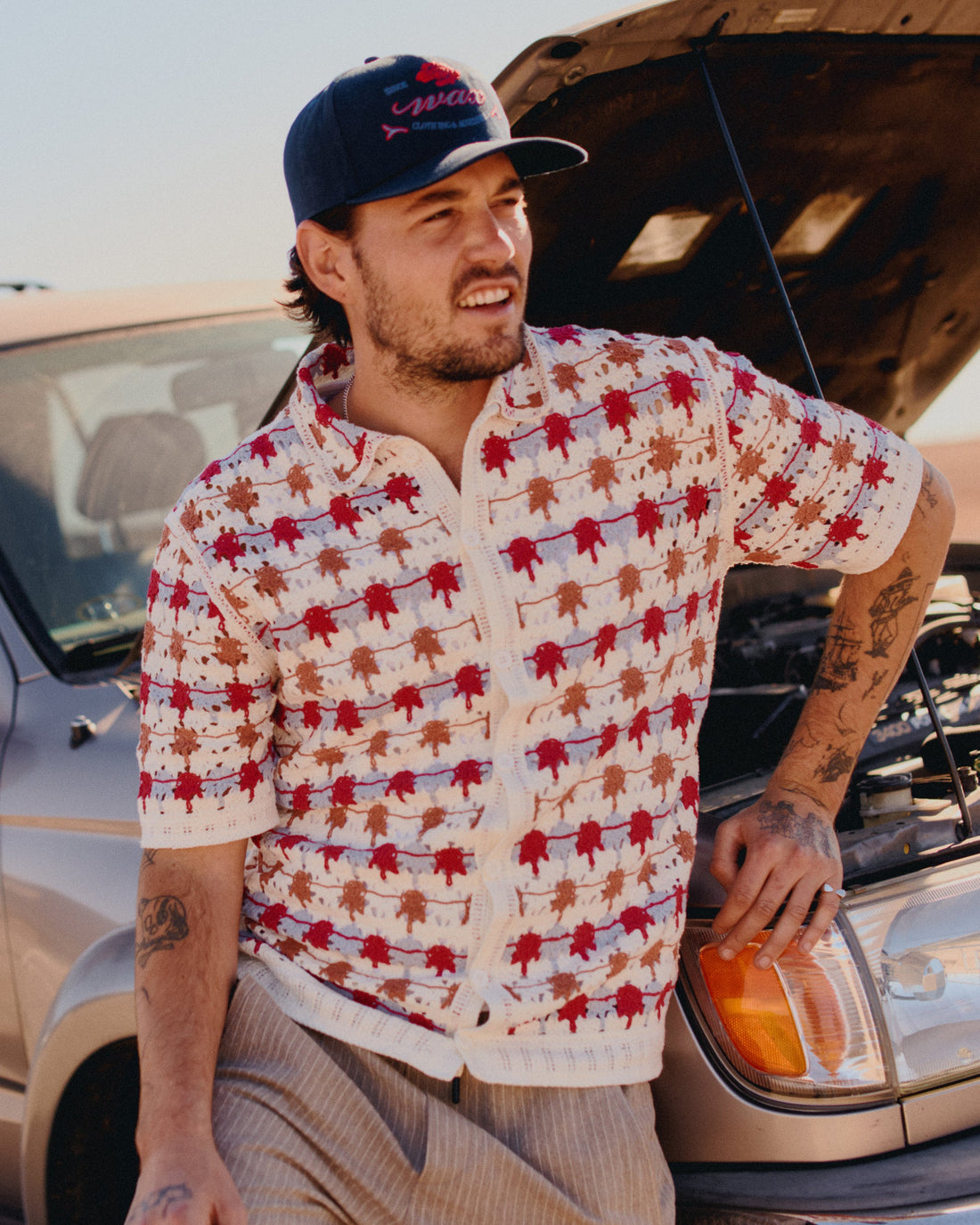 wax london men's Porto - Ecru And Multicolour Splash Crochet Knitted Polo Shirt