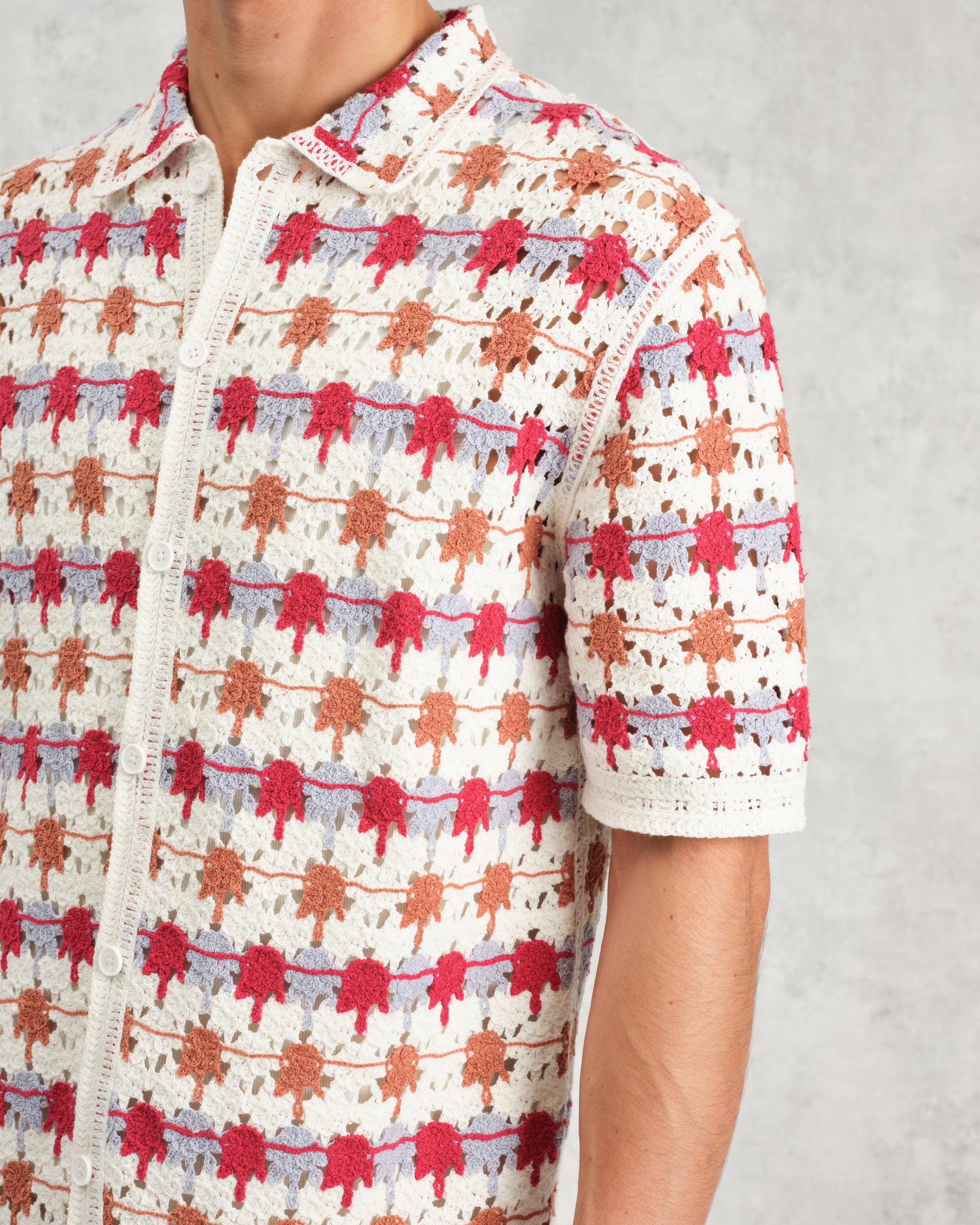 wax london men's Porto - Ecru And Multicolour Splash Crochet Knitted Polo Shirt