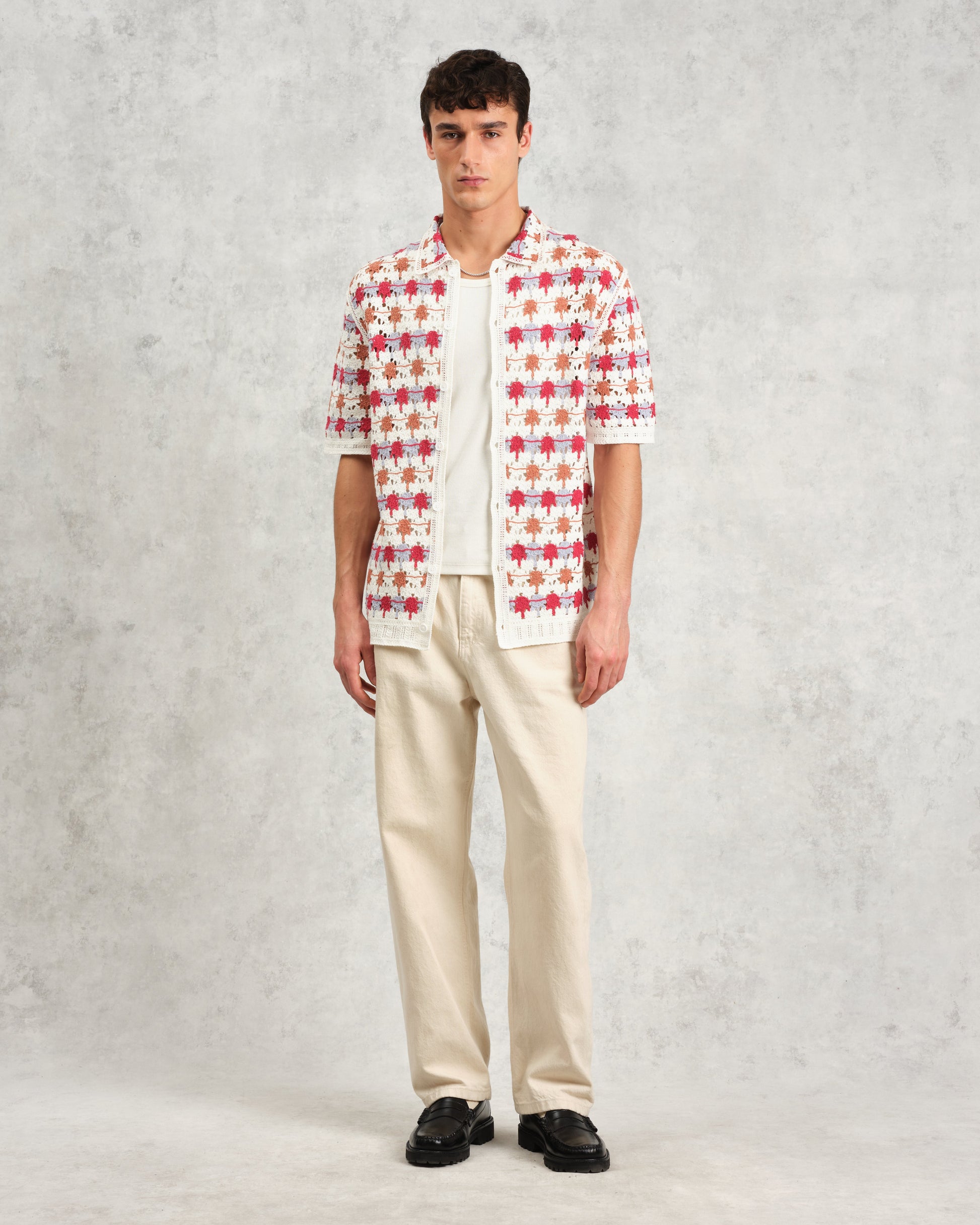 wax london men's Porto - Ecru And Multicolour Splash Crochet Knitted Polo Shirt
