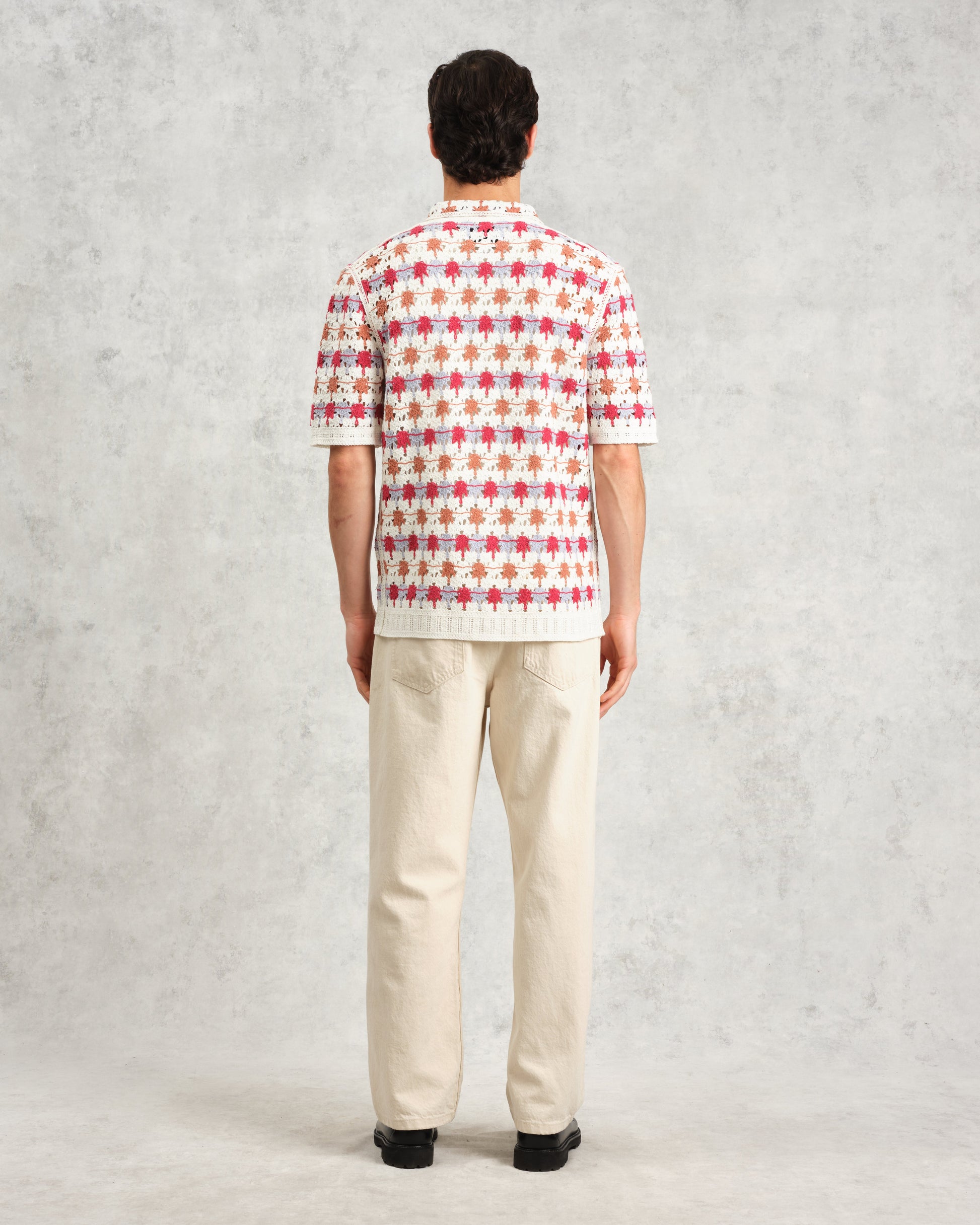 wax london men's Porto - Ecru And Multicolour Splash Crochet Knitted Polo Shirt