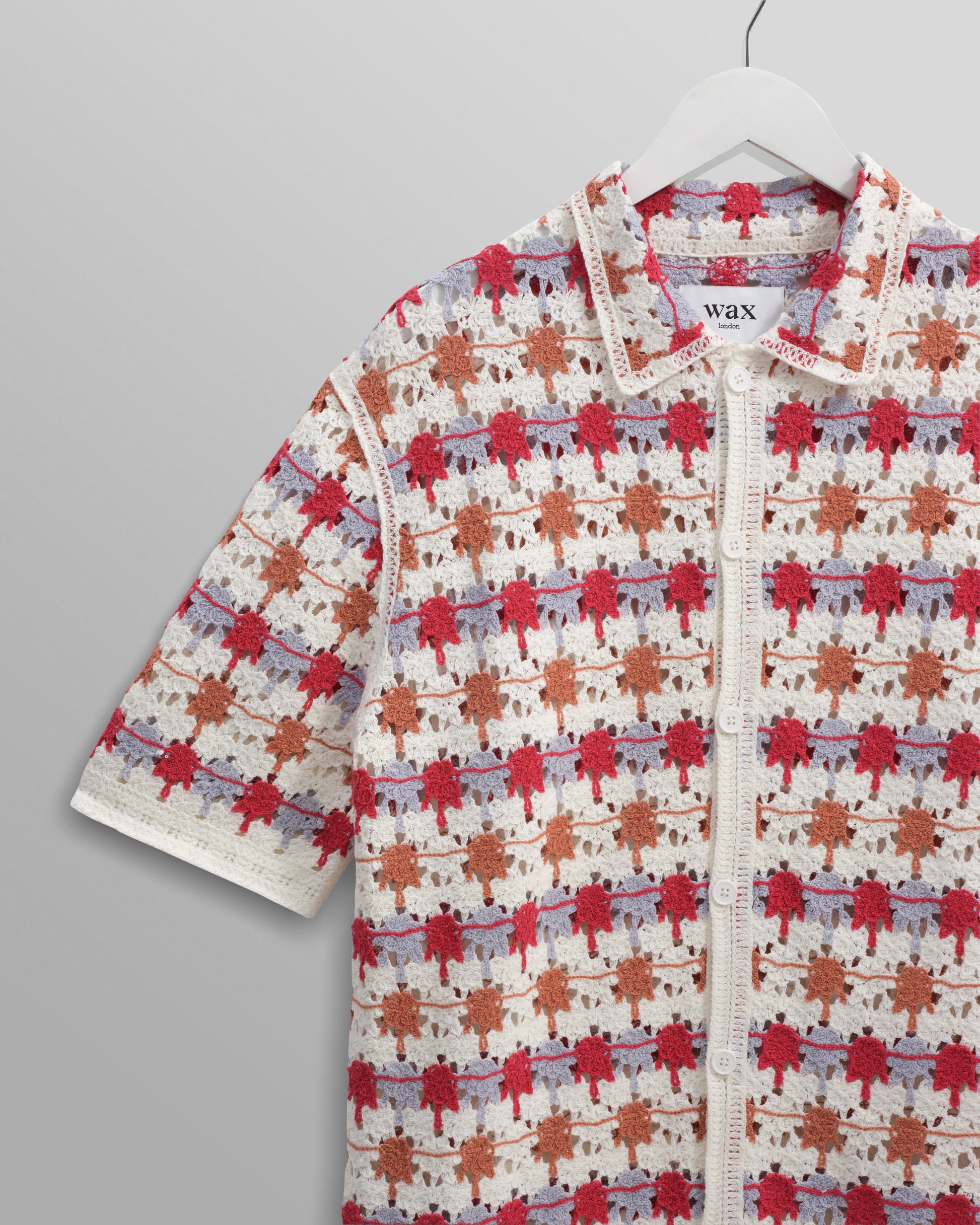 wax london men's Porto - Ecru And Multicolour Splash Crochet Knitted Polo Shirt