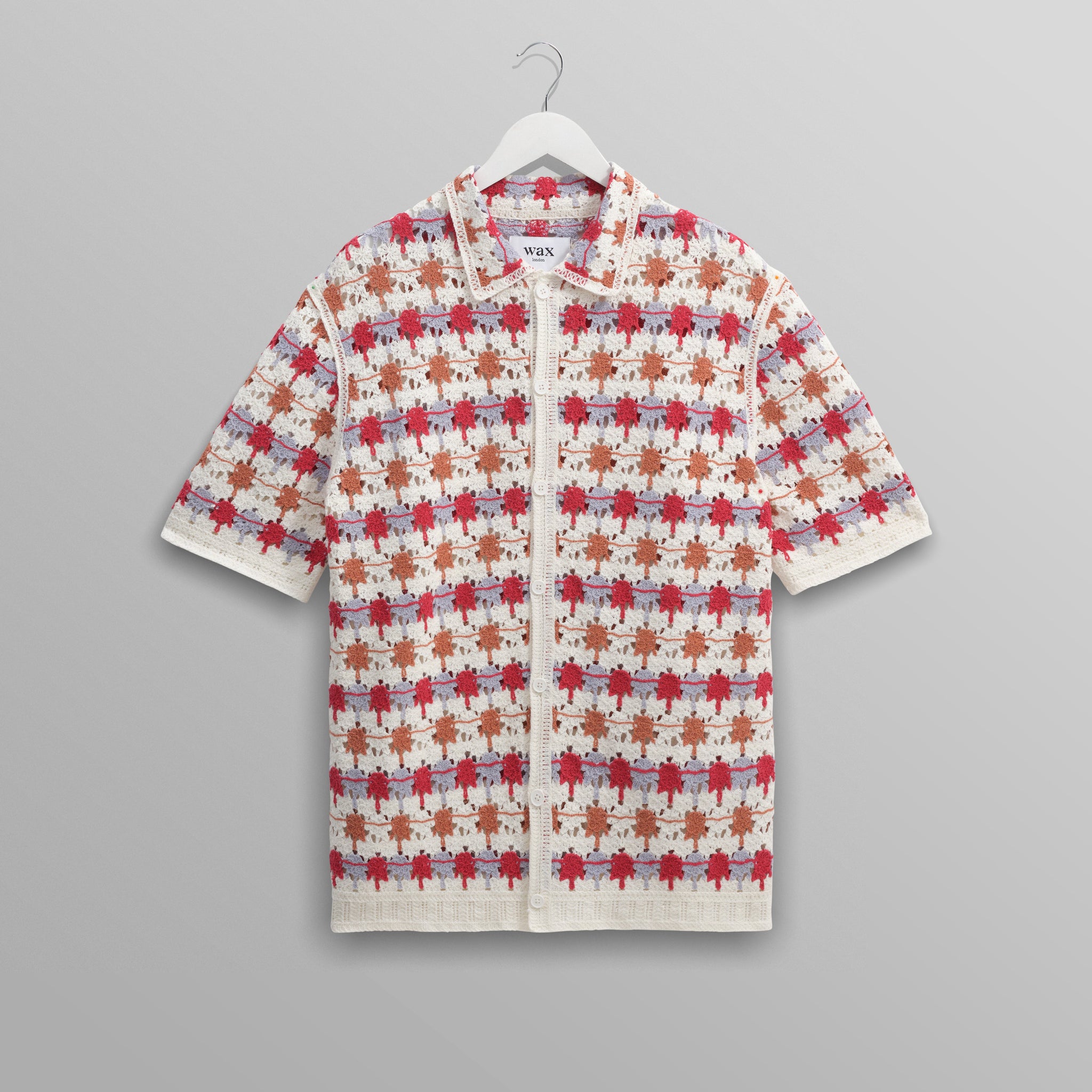 wax london men's Porto - Ecru And Multicolour Splash Crochet Knitted Polo Shirt