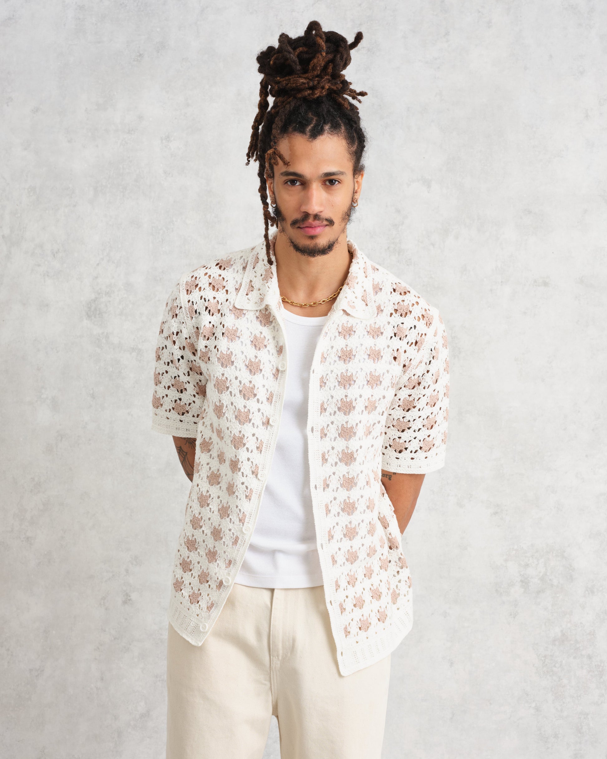 wax london men's Porto - Ecru Splash Crochet Shirt