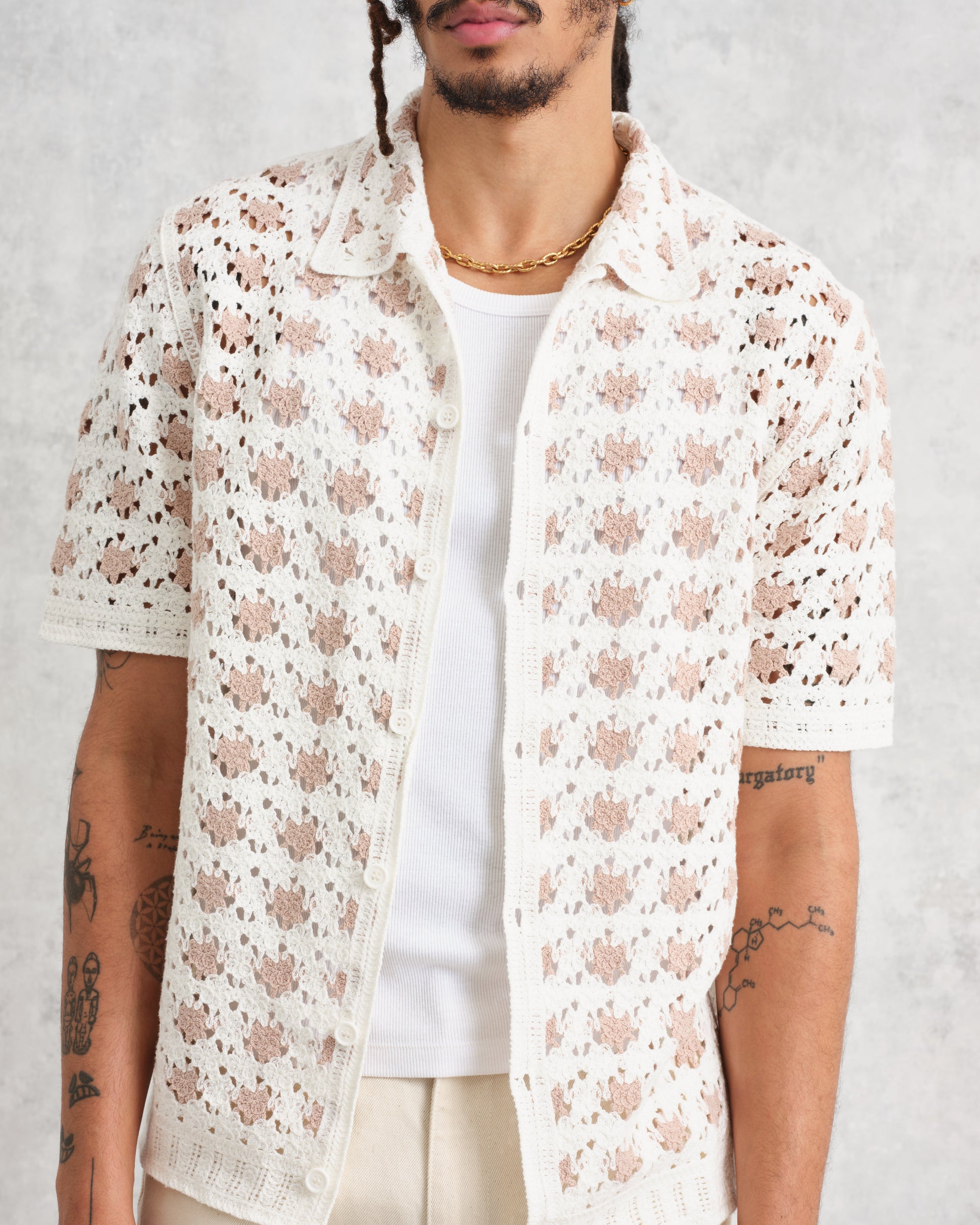wax london men's Porto - Ecru Splash Crochet Shirt