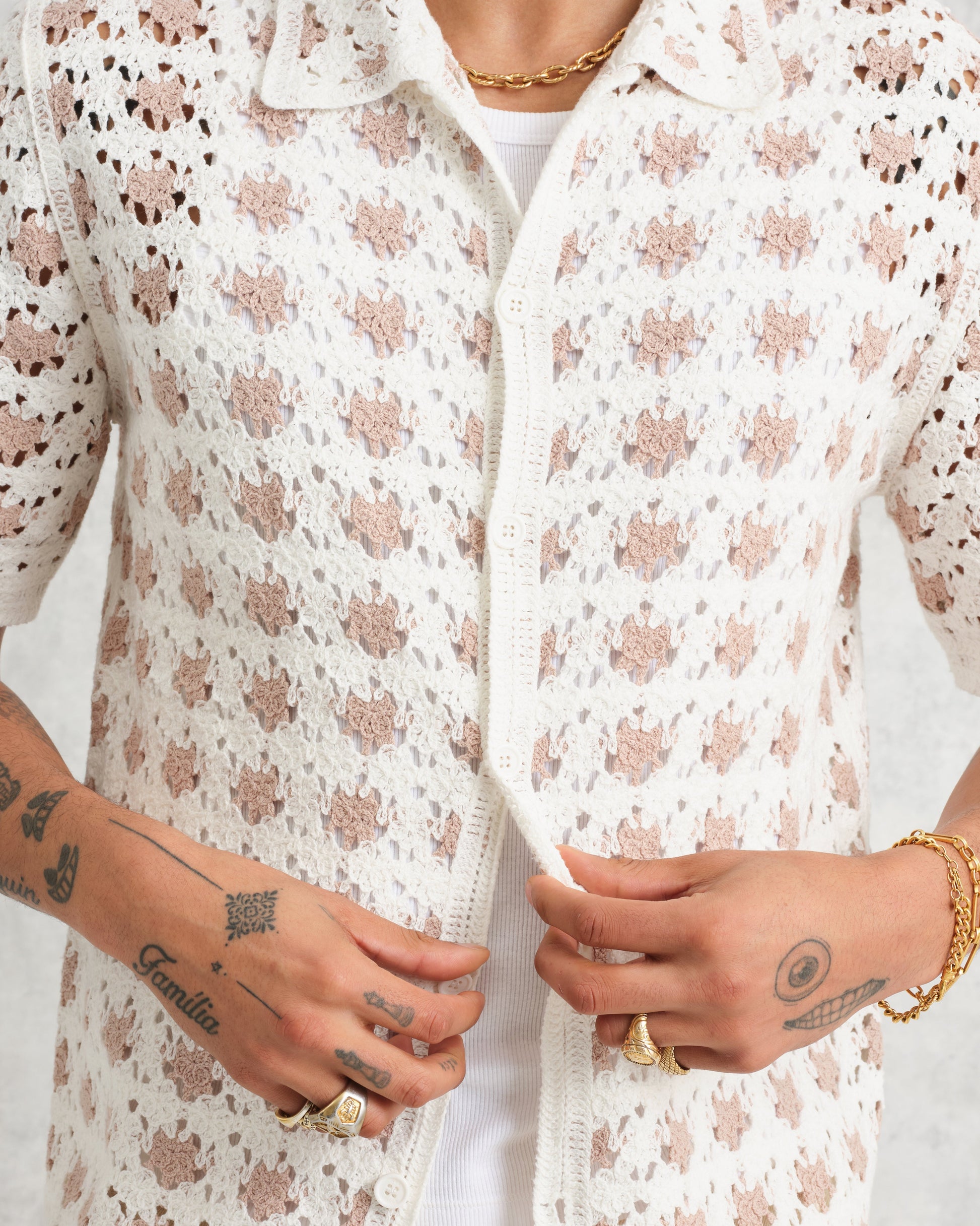 wax london men's Porto - Ecru Splash Crochet Shirt