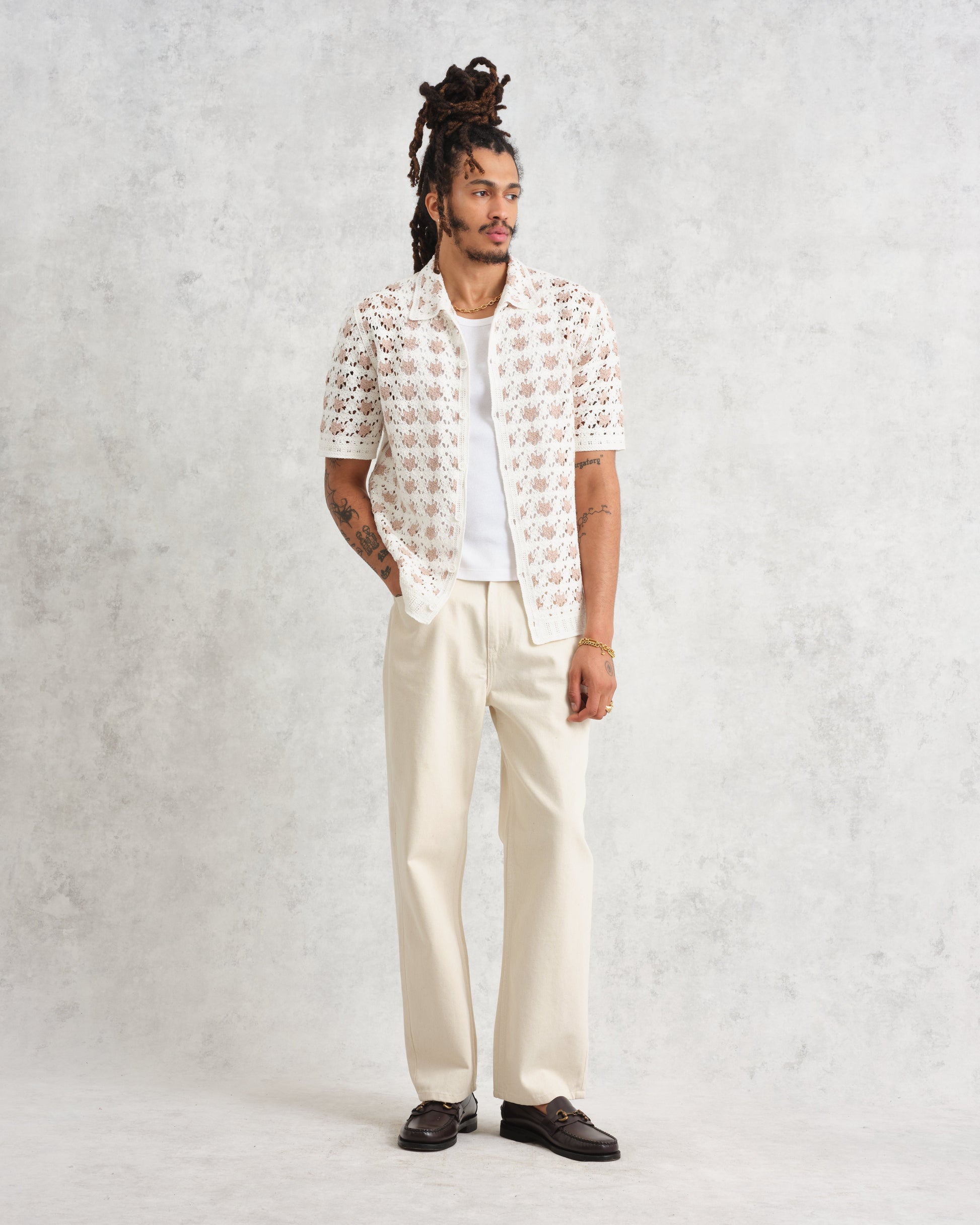 wax london men's Porto - Ecru Splash Crochet Shirt