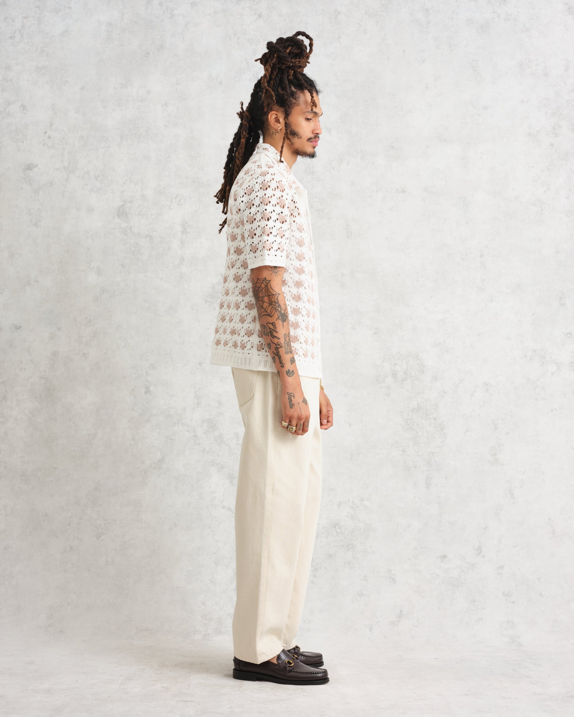 wax london men's Porto - Ecru Splash Crochet Shirt