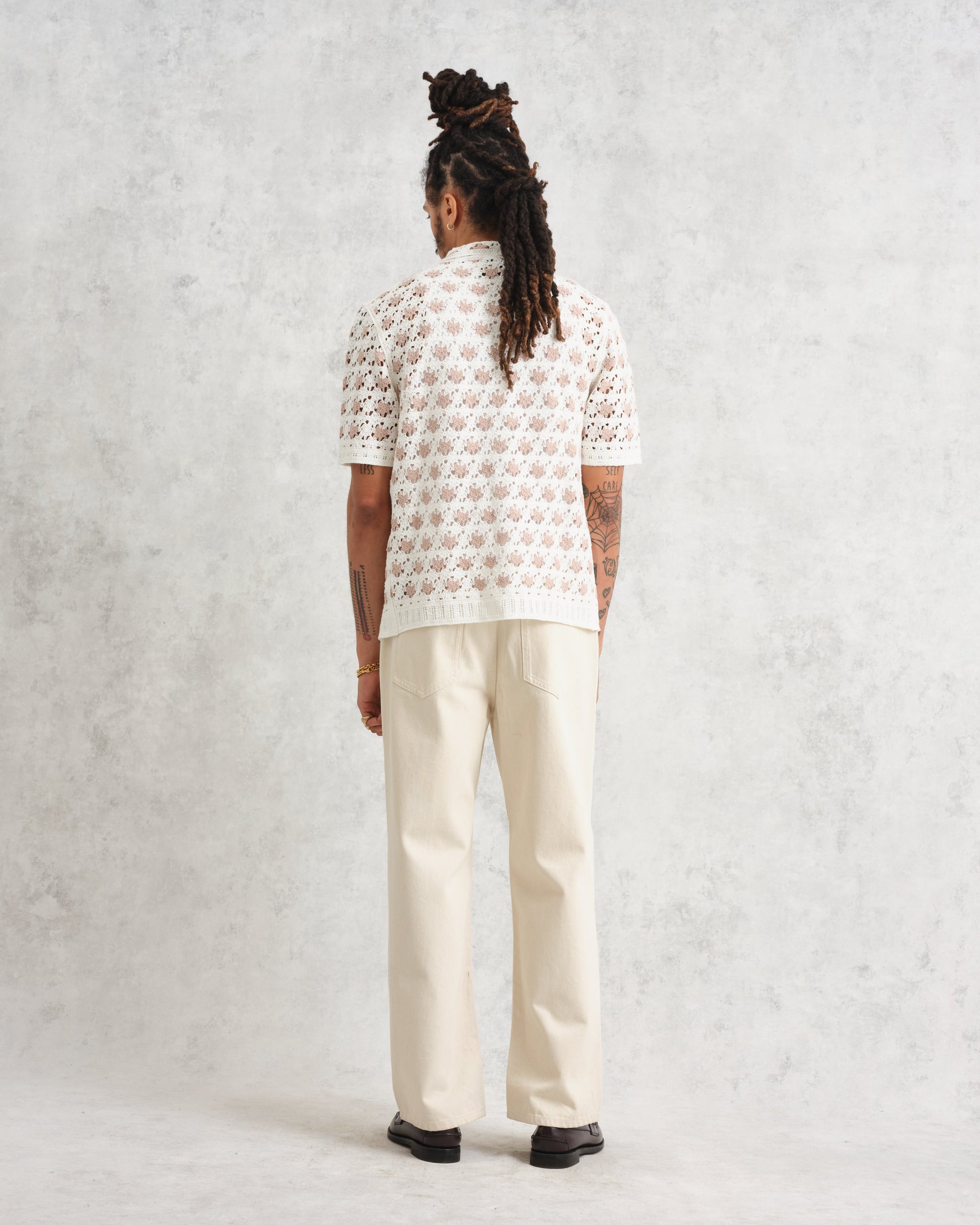 wax london men's Porto - Ecru Splash Crochet Shirt