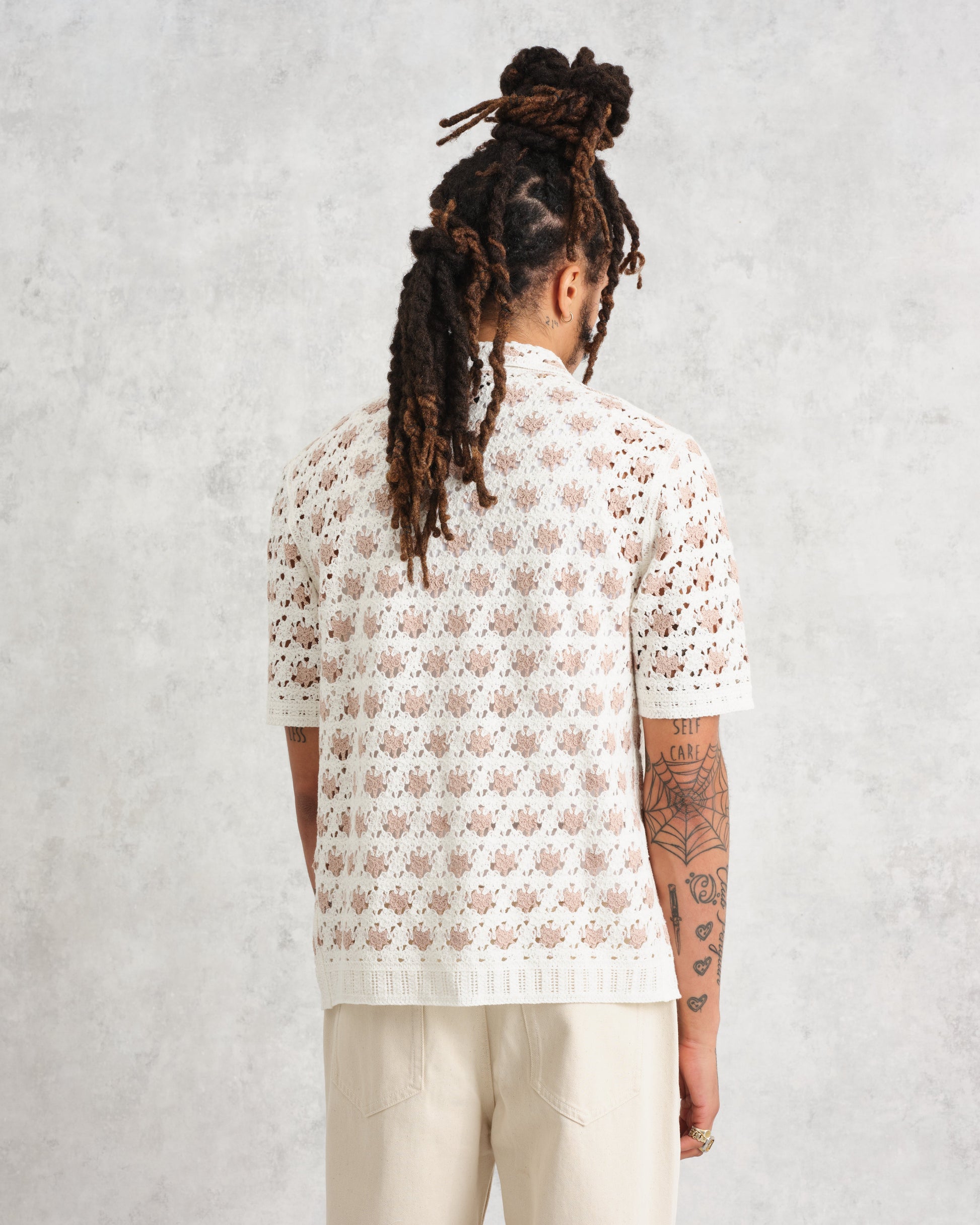 wax london men's Porto - Ecru Splash Crochet Shirt