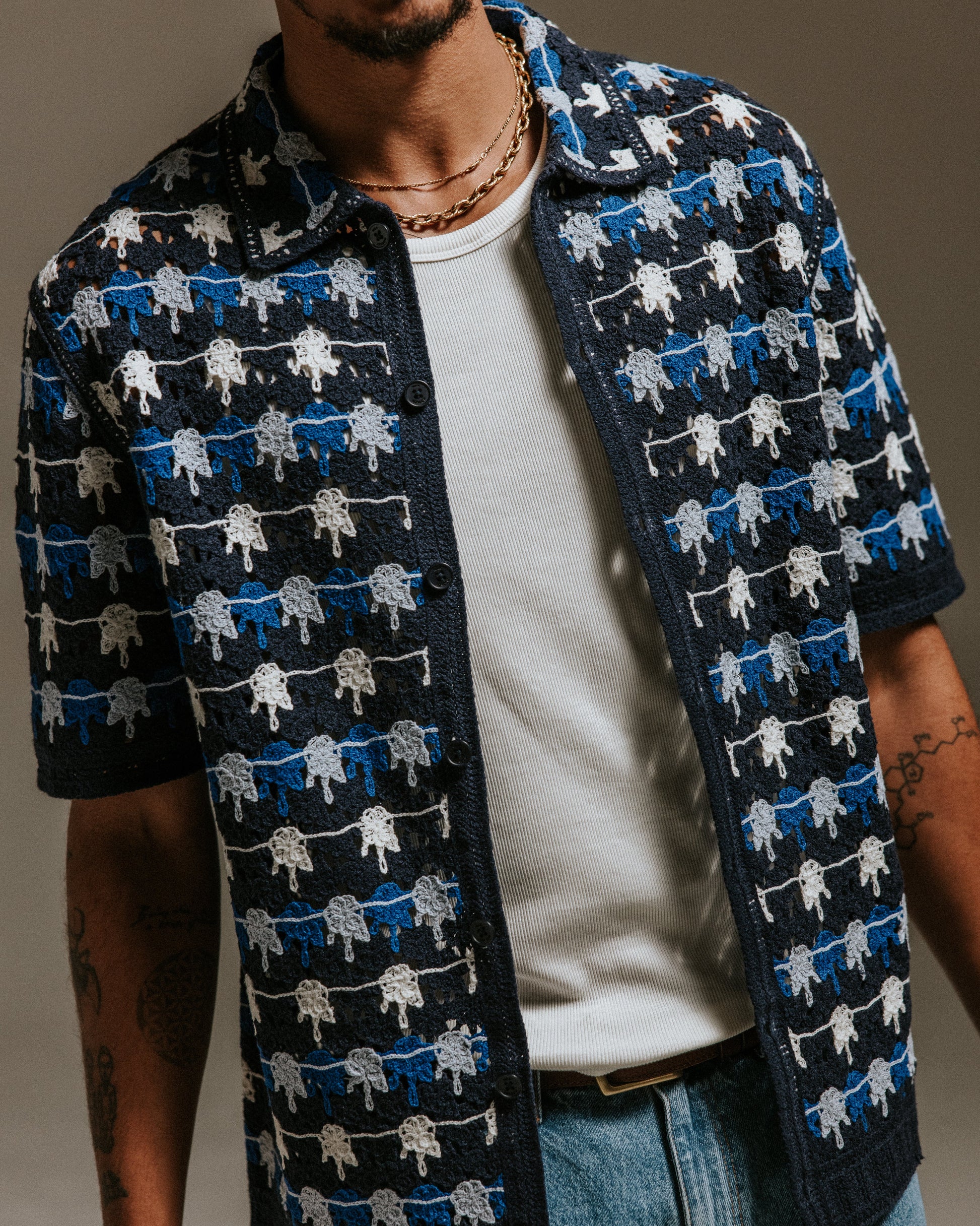 wax london men's Porto - Navy Splash Crochet Knitted Polo Shirt
