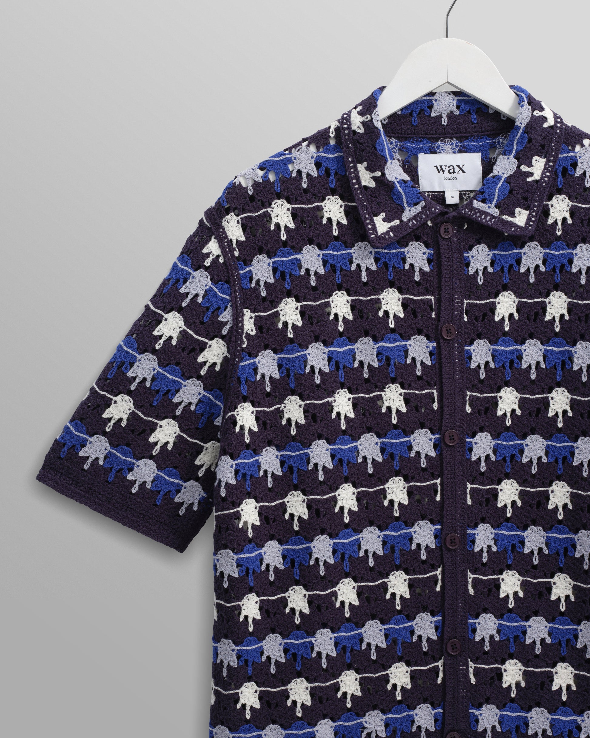 wax london men's Porto - Navy Splash Crochet Knitted Polo Shirt