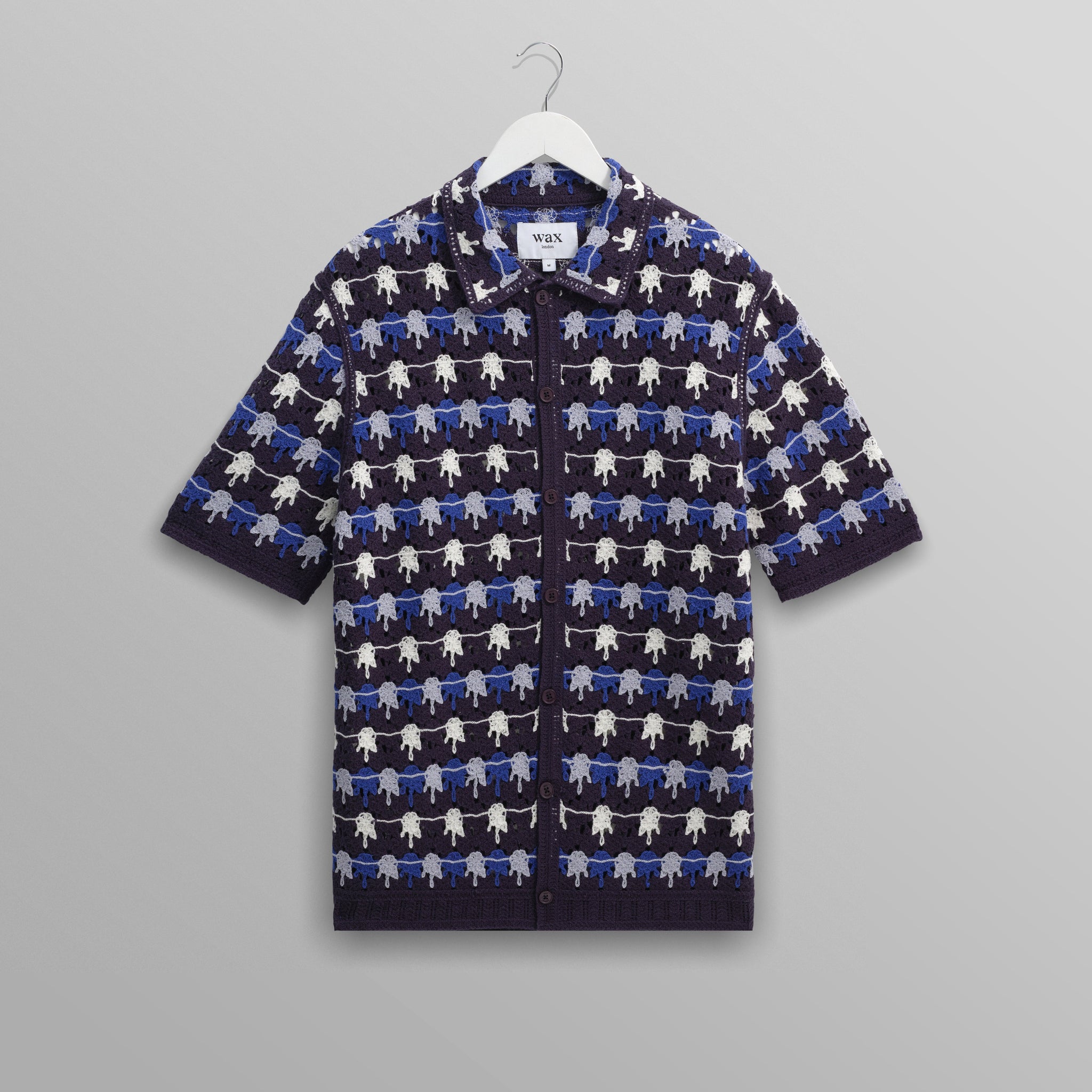 wax london men's Porto - Navy Splash Crochet Knitted Polo Shirt