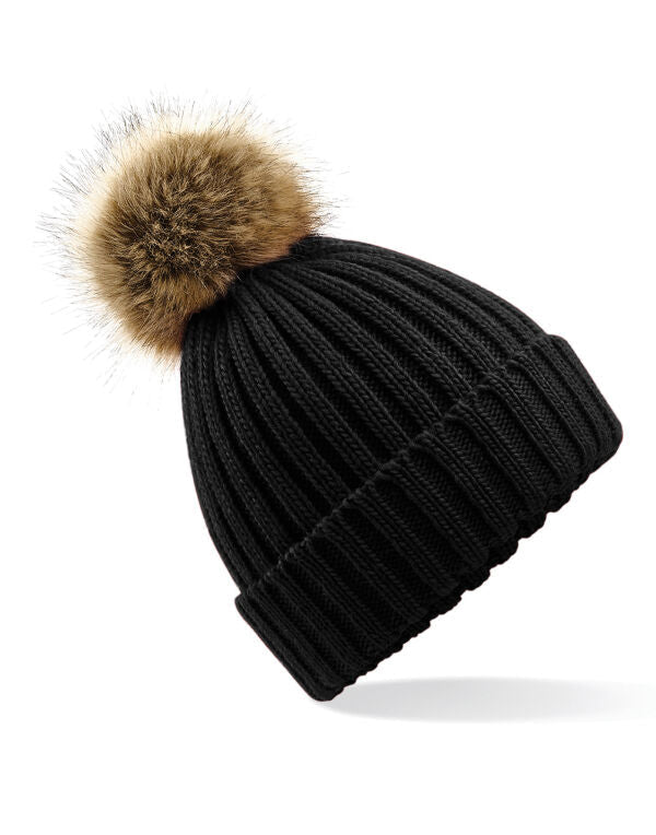 Beechfield Faux Fur Pop Pom Chunky Beanie | Unisex | Removable Pom-Pom | 9 Colours | One Size - Hat - Logo Free Clothing