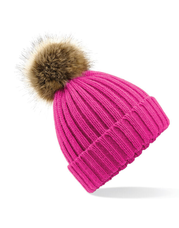 Beechfield Faux Fur Pop Pom Chunky Beanie | Unisex | Removable Pom-Pom | 9 Colours | One Size - Hat - Logo Free Clothing
