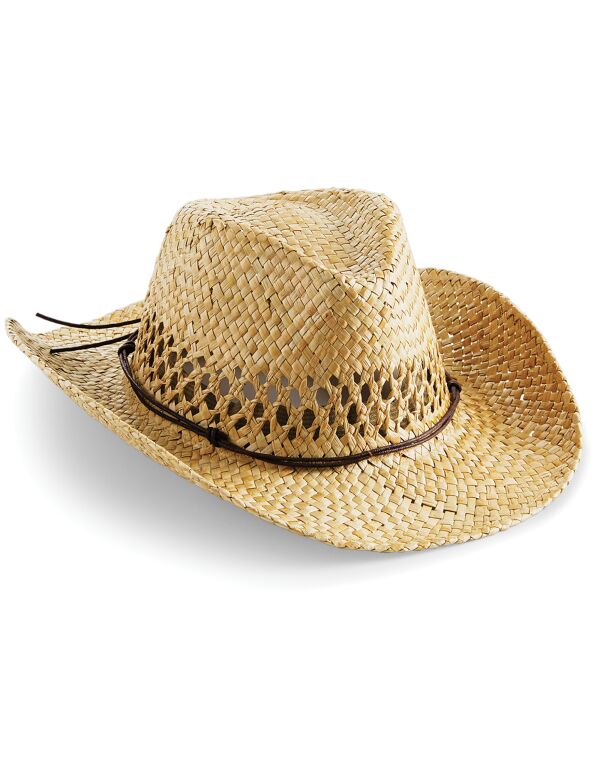 Beechfield Straw Cowboy Hat | Unisex | Handmade | Natural Straw | One Size - Hat - Logo Free Clothing