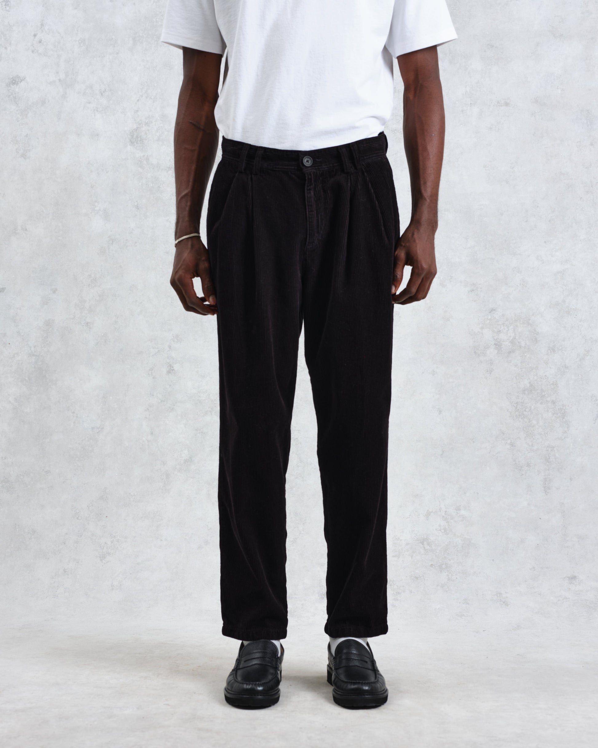 wax london men's Raleigh - Black Corduroy Pleated Trousers