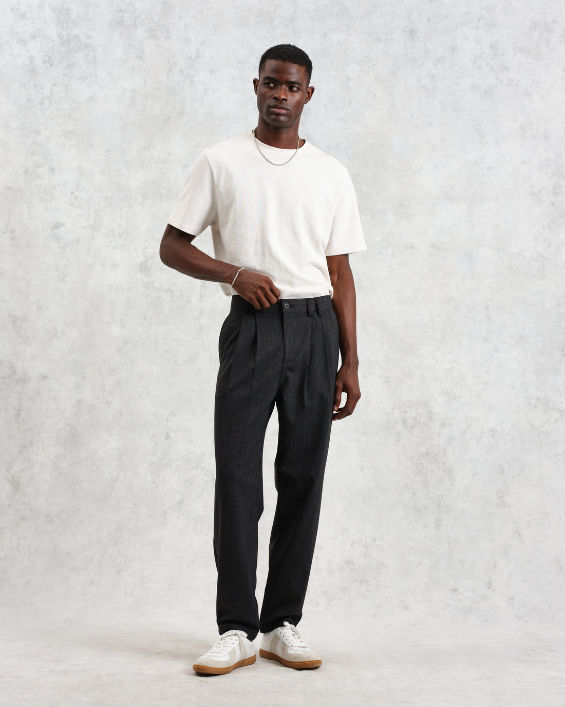wax london men's Raleigh - Charcoal Herringbone Pleated Trousers