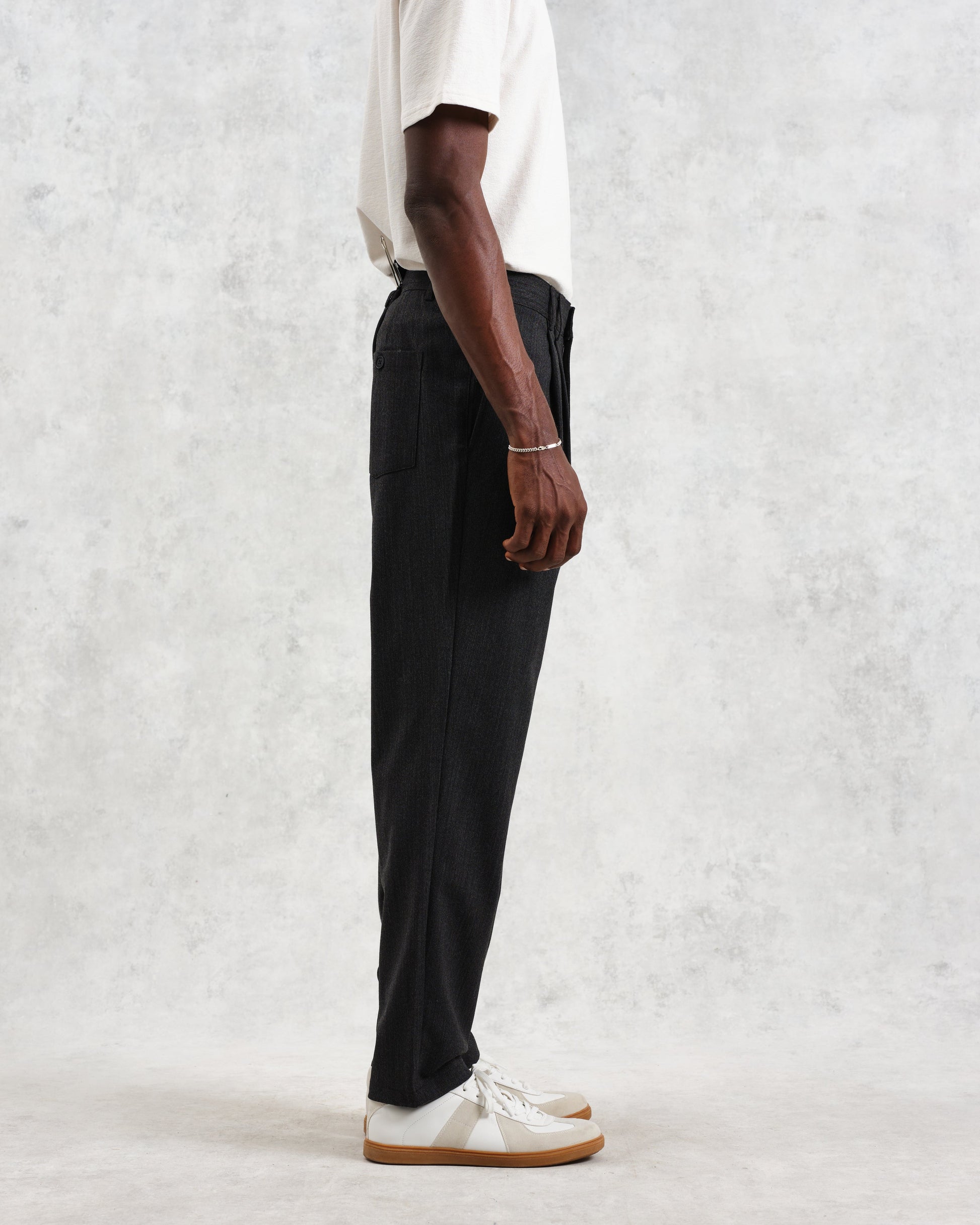 wax london men's Raleigh - Charcoal Herringbone Pleated Trousers